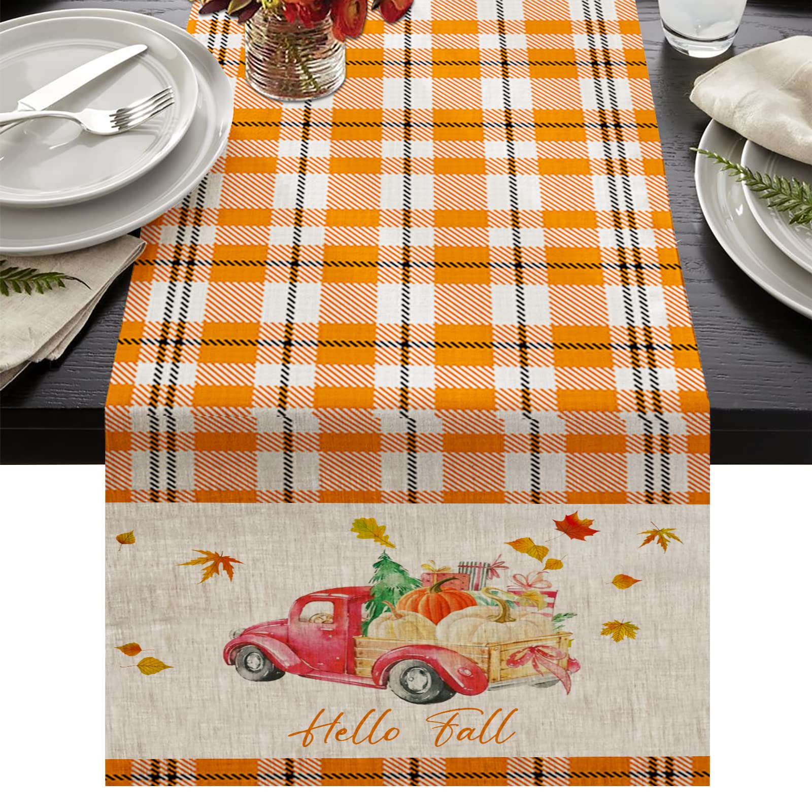 JOOCAR Farmhouse Autumn Table Runner 72 Inches Long Linen Burlap Table Runner Harvset Red Truck Pumpkin and Festival Gift Kitchen Dining Table Decoration for Home Party(Ornage Plaid, 13"x72") — image 1