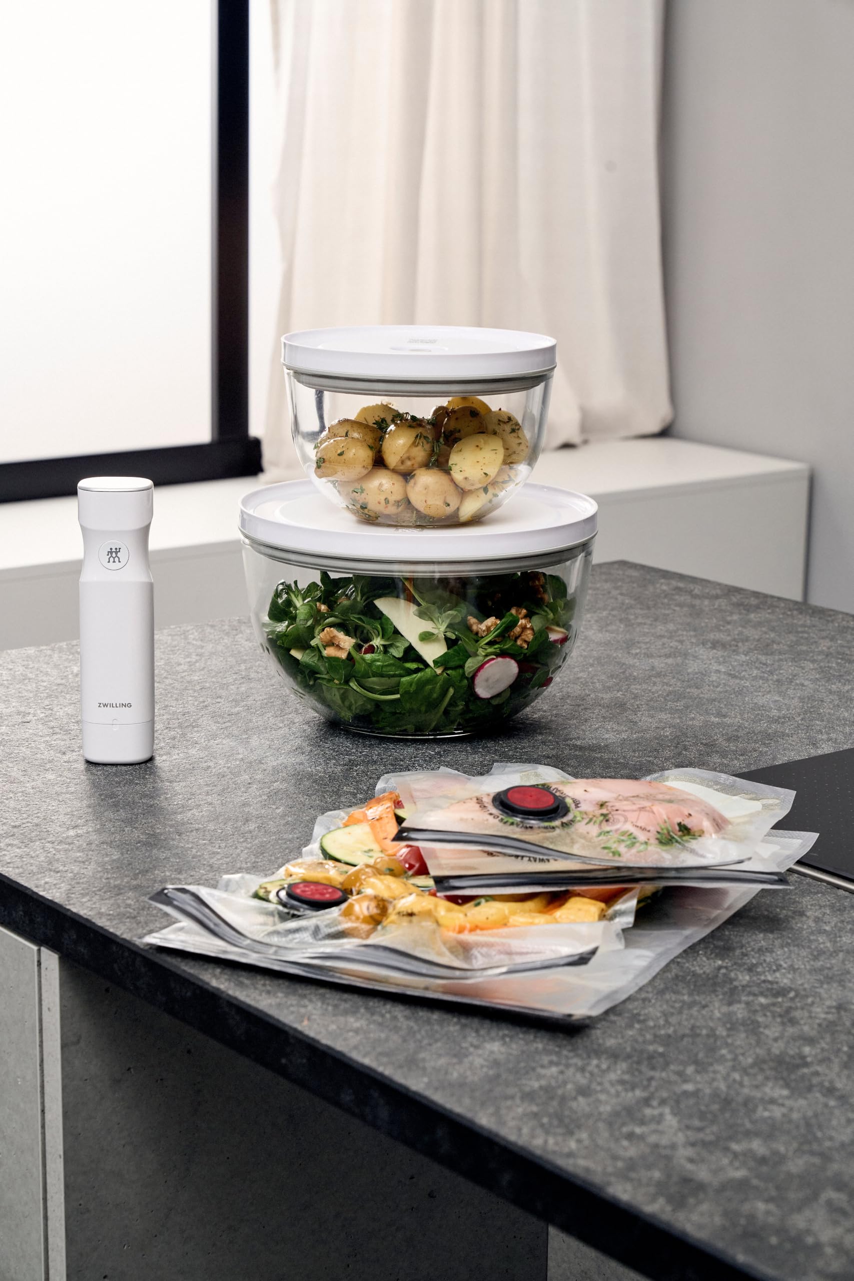 ZWILLING Fresh & Save BOWLS Vakuumschüssel Set 6tlg, S-12 cm, M-18 cm, L-24 cm, Glas, Grau