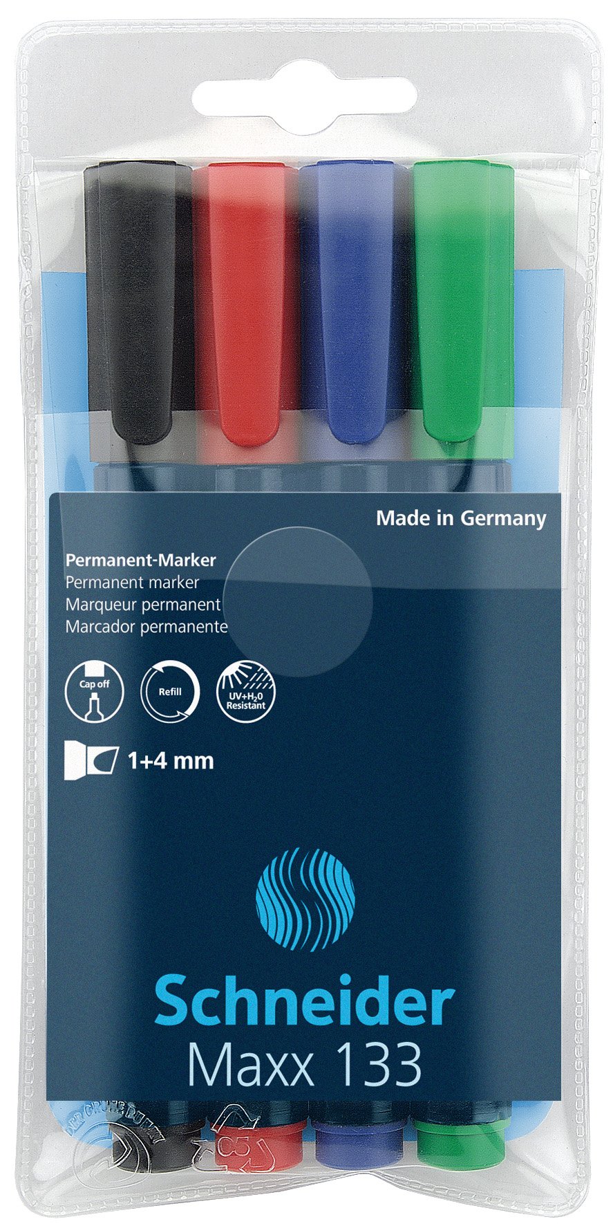 Schneider Maxx 133 Pen Permanent Marker Refillable 1 + 4 mm, Assorted, Pack of 4
