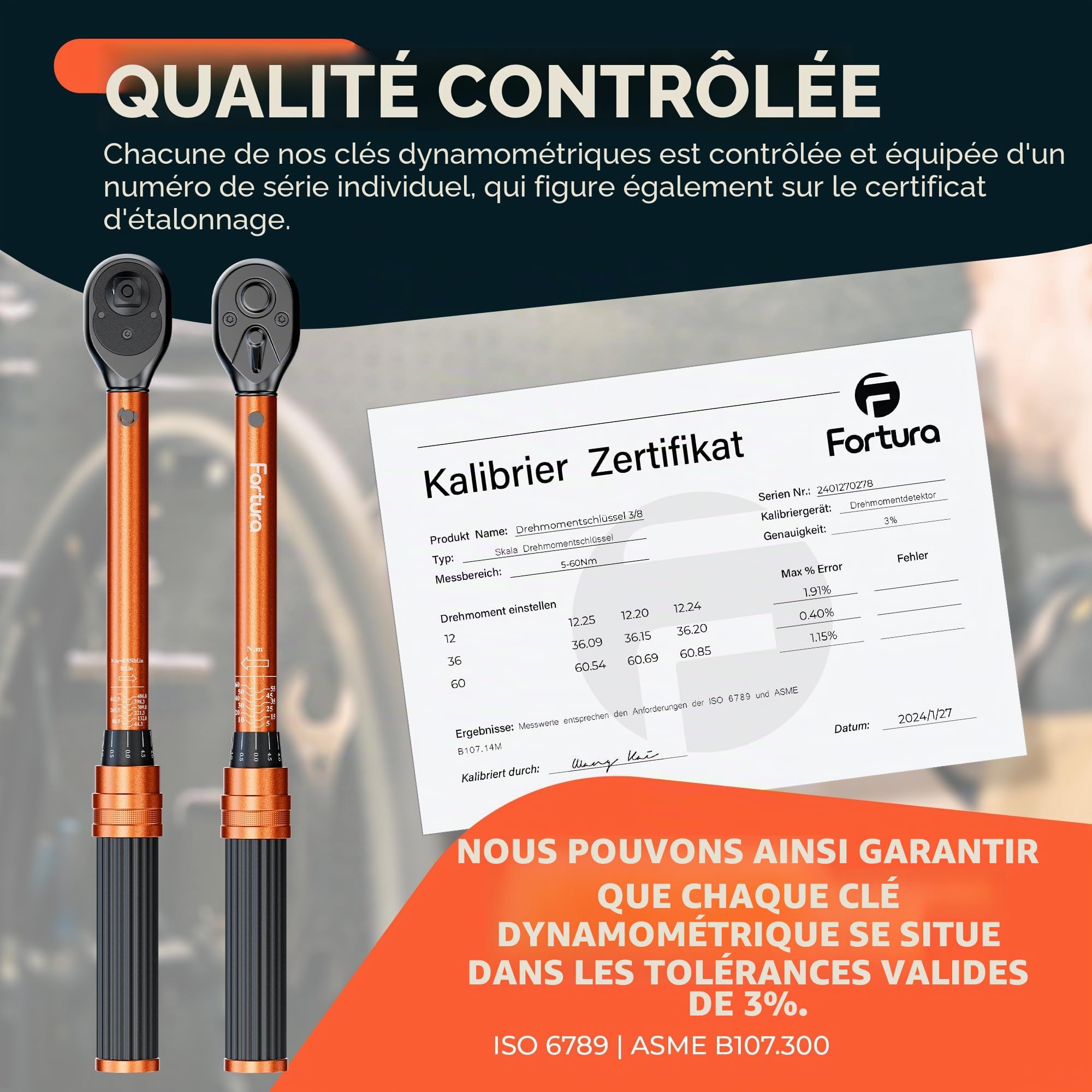 Fortura Clé dynamométrique 3/8, clé dynamométrique 5-60 Nm, clé pour bougie