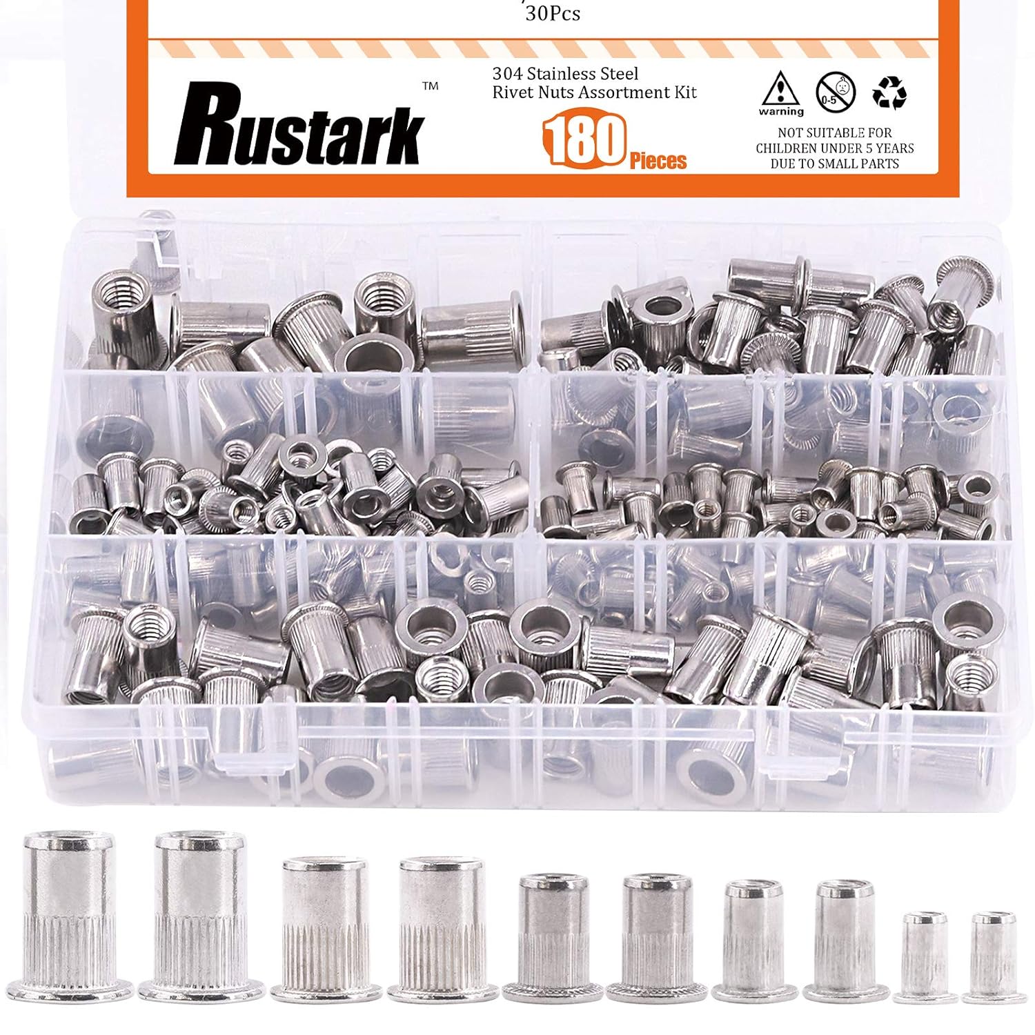 180 Pcs 304 Stainless Steel Rivet Nuts Assortment Kit Includes 8-32'', 10-24'', 1/4-20", 5/16-18", 3/8-16", Flat Head Threaded Inserts Nutsert Rivnuts Fasteners