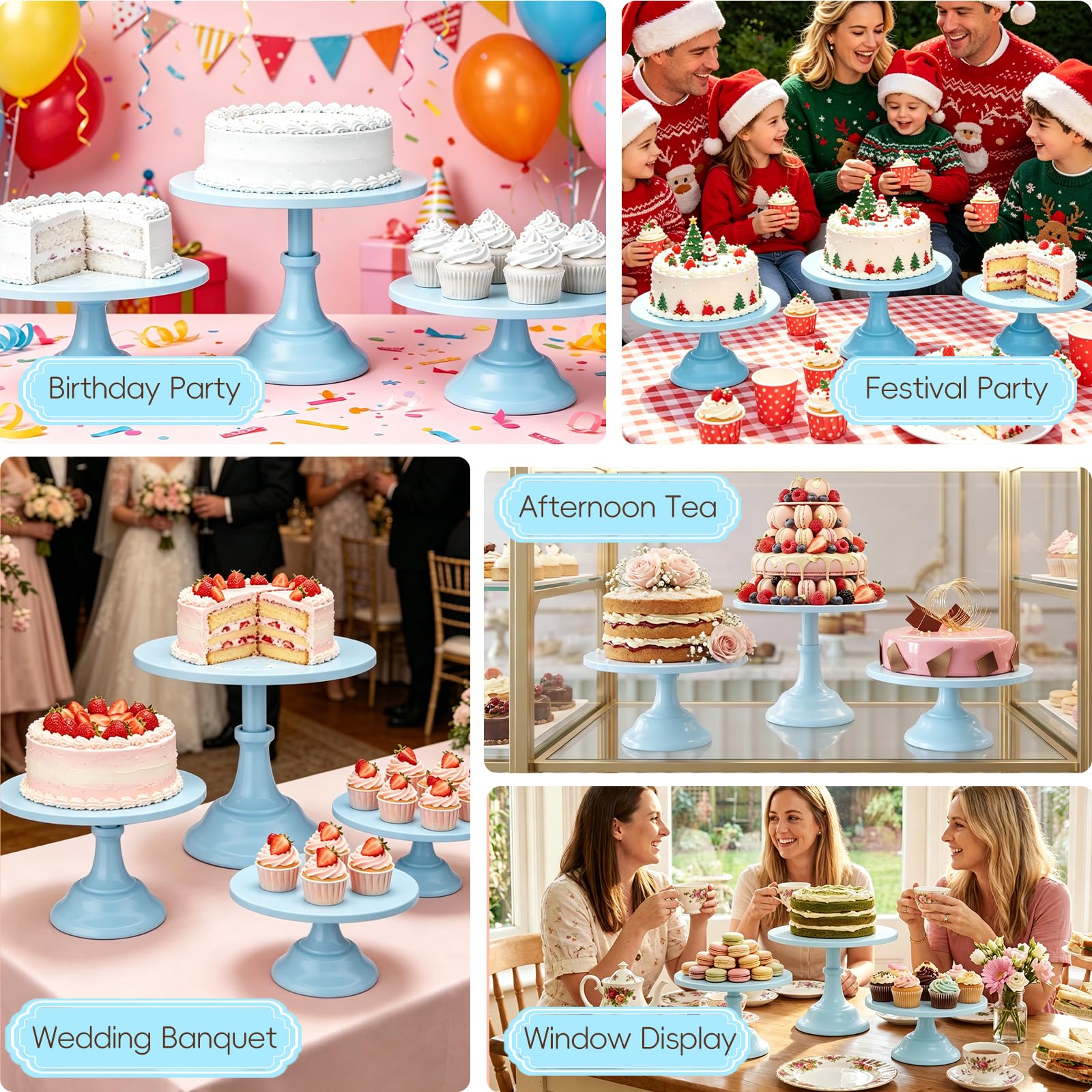 Kuchenständer-Set, rund, Metall, verschiedene Größen, für Geburtstag, Hochzeit, Bankett, Gebäck, für Urlaub, Party, Dessert, Tischdekoration (20,3 cm, 25,4 cm, 30,5 cm, Teller) Blau, 3 Stück
