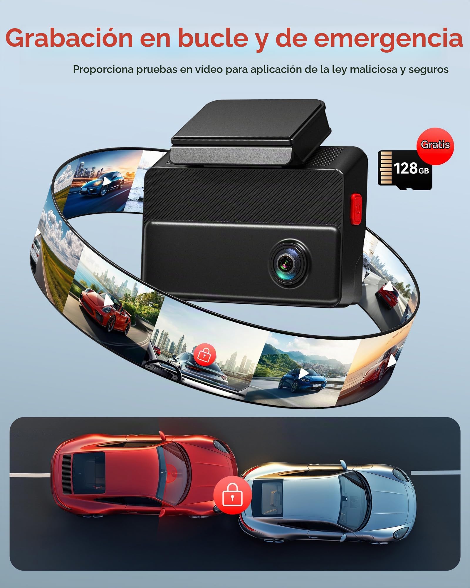 REDTIGER 530° 3 Canales Dashcam Coche 2.5K+2.5K+1080P con Tarjeta de 128 GB, Visión Nocturna IR, Pantalla Táctil,Camara Coche Interior Delantero y Trasero Incluido WiFi GPS, Modo Aparcamiento 24H