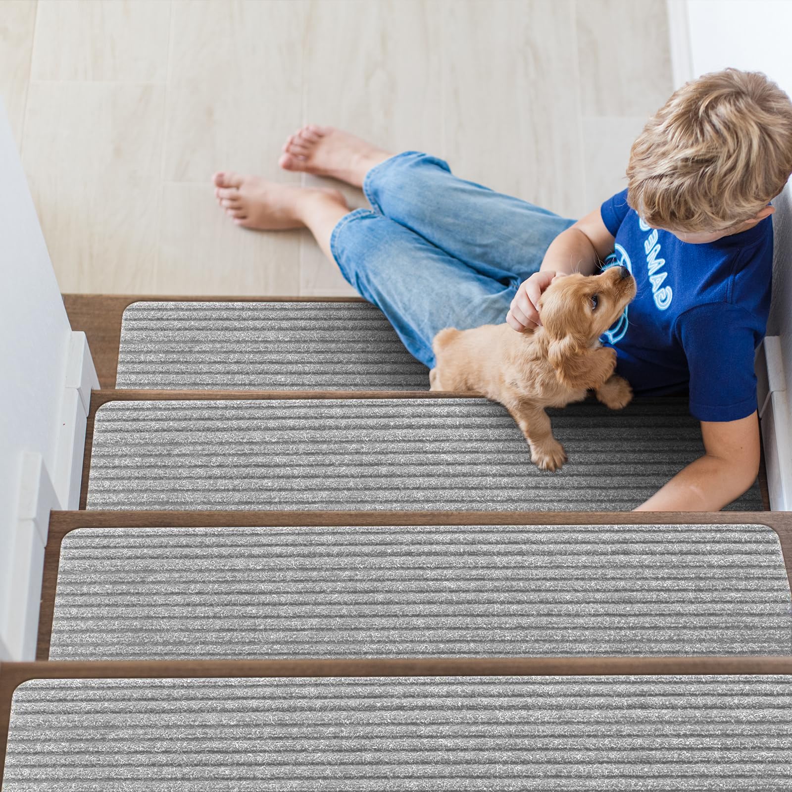 Suimlmta Stair Treads Carpet 14 Pack 20 x 76 cm Stair Rugs Mats Non-Slip Self Adhesive Carpet Runner Pads Grey Step Protectors Cover for Kids Elders Pets Stair Carpet Tiles