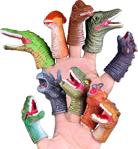 Fun Little Toys 10 marionetas de dedo con cabeza de dinosaurio, la mejor opción para recuerdos de fiesta, rellenos de calcetines, rellenos de piñata