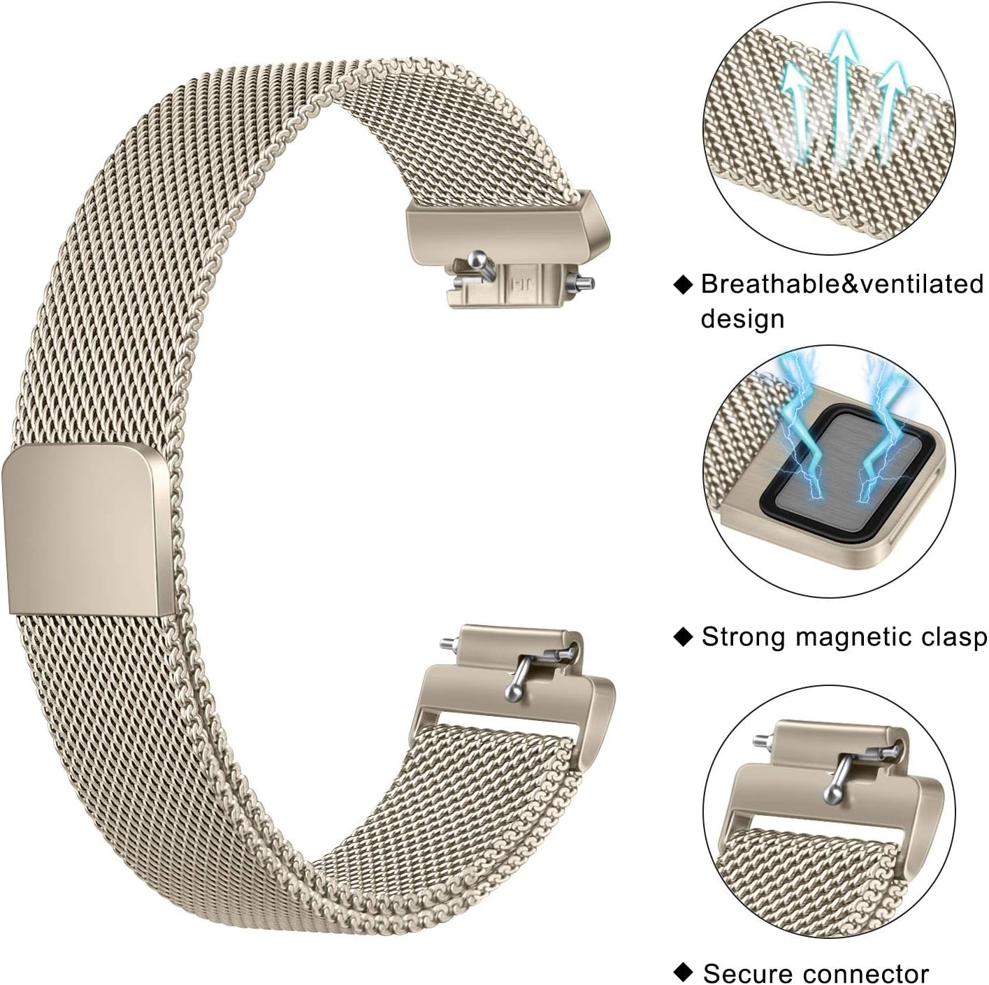 Amzpas Bands Compatible with Fitbit Inspire 2 & Fitbit Inspire HR & Fitbit Inspire & Fitbit Ace 2, Breathable Stainless Steel Loop Mesh Magnetic Adjustable Wristband for Women Men(Large,Champagne) : Electronics
