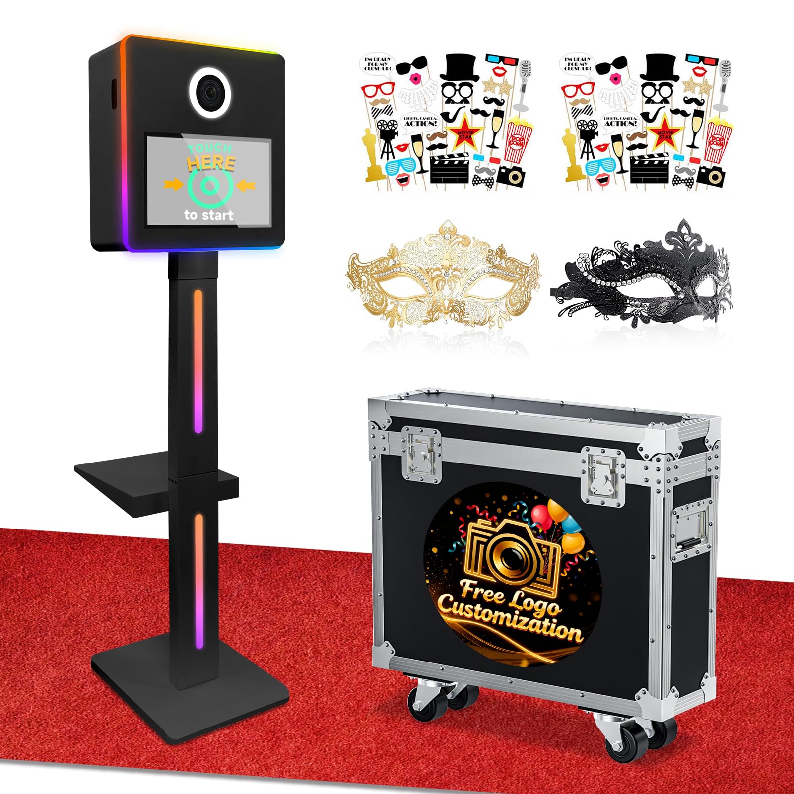 Mirror Photo Booth Machine with 15.6'' Touch Screen Mirror Photo Booth Machine with APP Control Ring Light Flight Case for Party Event Rentals (Black)