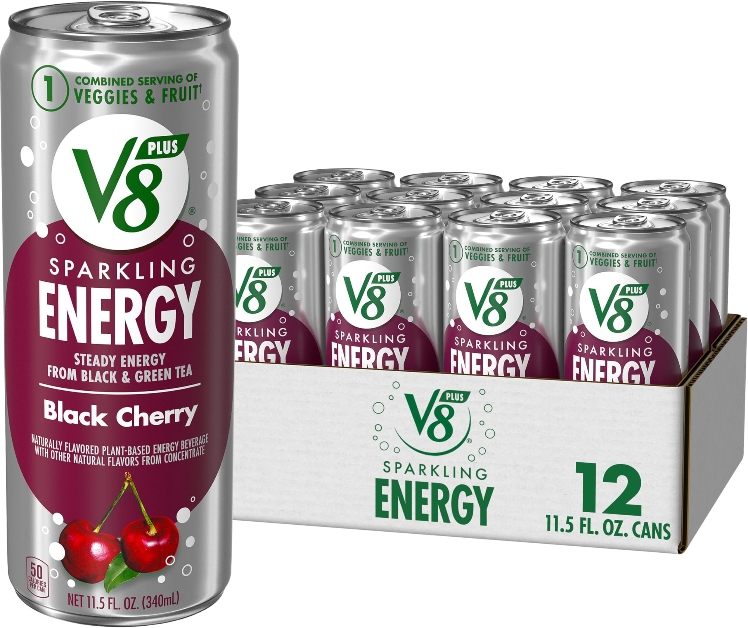 V8 +Energy Sparkling Black Cherry Juice Energy Drink, 11.5 fl oz Can (12 Pack)