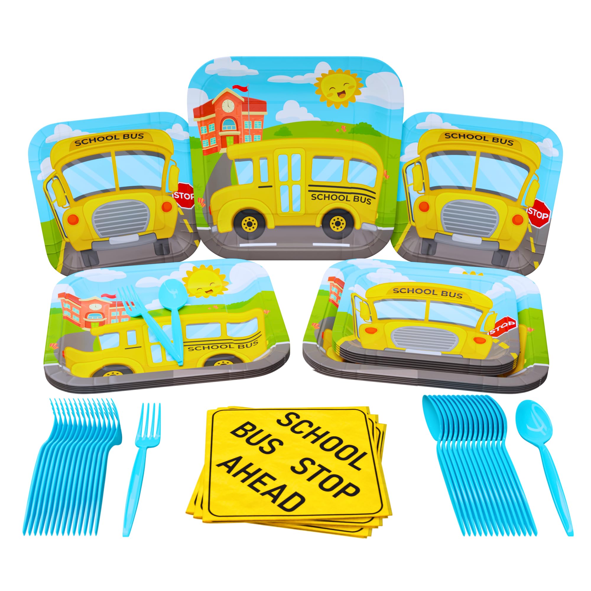 School Bus Standard Party Packs (100 Pieces for 16 Guests) - School Bus Party Supplies, School Bus Birthday Plates and Napkins, School Graduation Decorations, Transportation Party, Blue Orchards