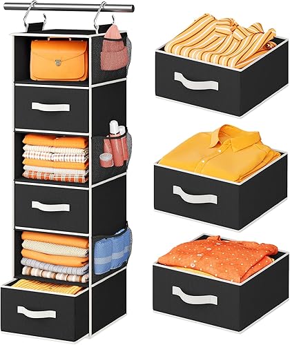 Miniatura 11 de Pipishell Organizador colgante de armario con 6 estantes, estantes colgantes para armario con 3 cajones extraíbles y bolsillos laterales para
