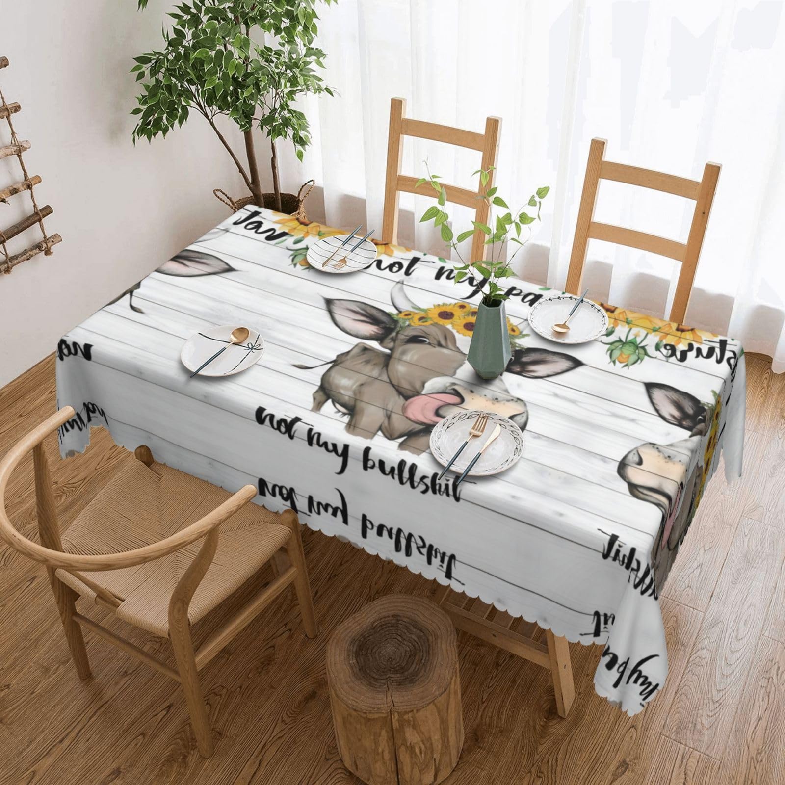 HLSBSSL Cow Sunflower Farmhouse Patterned square lace tablecloth, wrinkle-resistant and durable, suitable for dining tables, parties, etc.