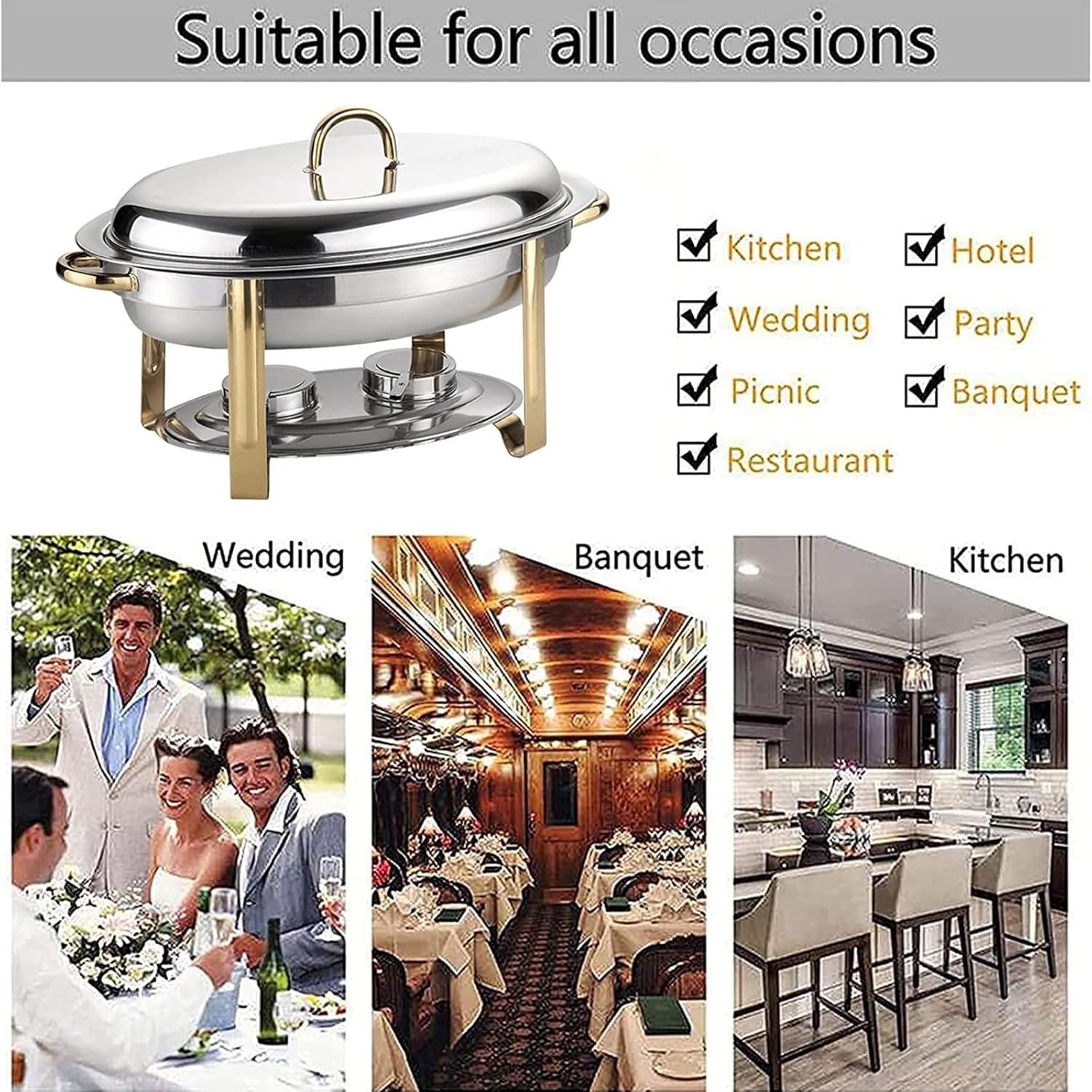 Juego de platos para bufé, calentador de alimentos con tapa y recipiente de combustible para catering, eventos, fiestas y bufés de desayuno, servidor de alimentos de acero inoxidable
