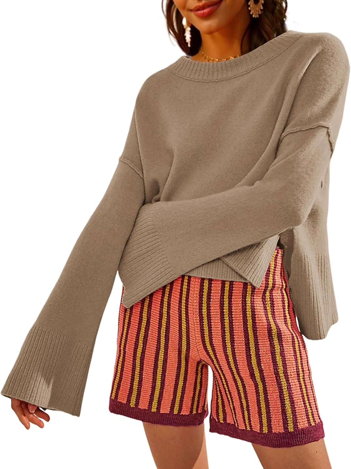 Womens Lightweight Sweaters Crewneck Bell-Style Sleeve Batwing Knit Tops Slouchy Soft Pullover Jumpers