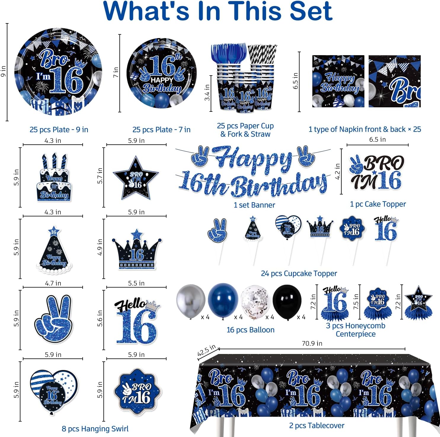 205pcs 16th Birthday Decorations for Boys-Serves 25, All-in-one Blue and Black Boys 16th Birthday Decorations with 350gsm Plate, Banner, Hanging, Balloon, Centerpiece, Cake Topper,Tablecloth,Etc