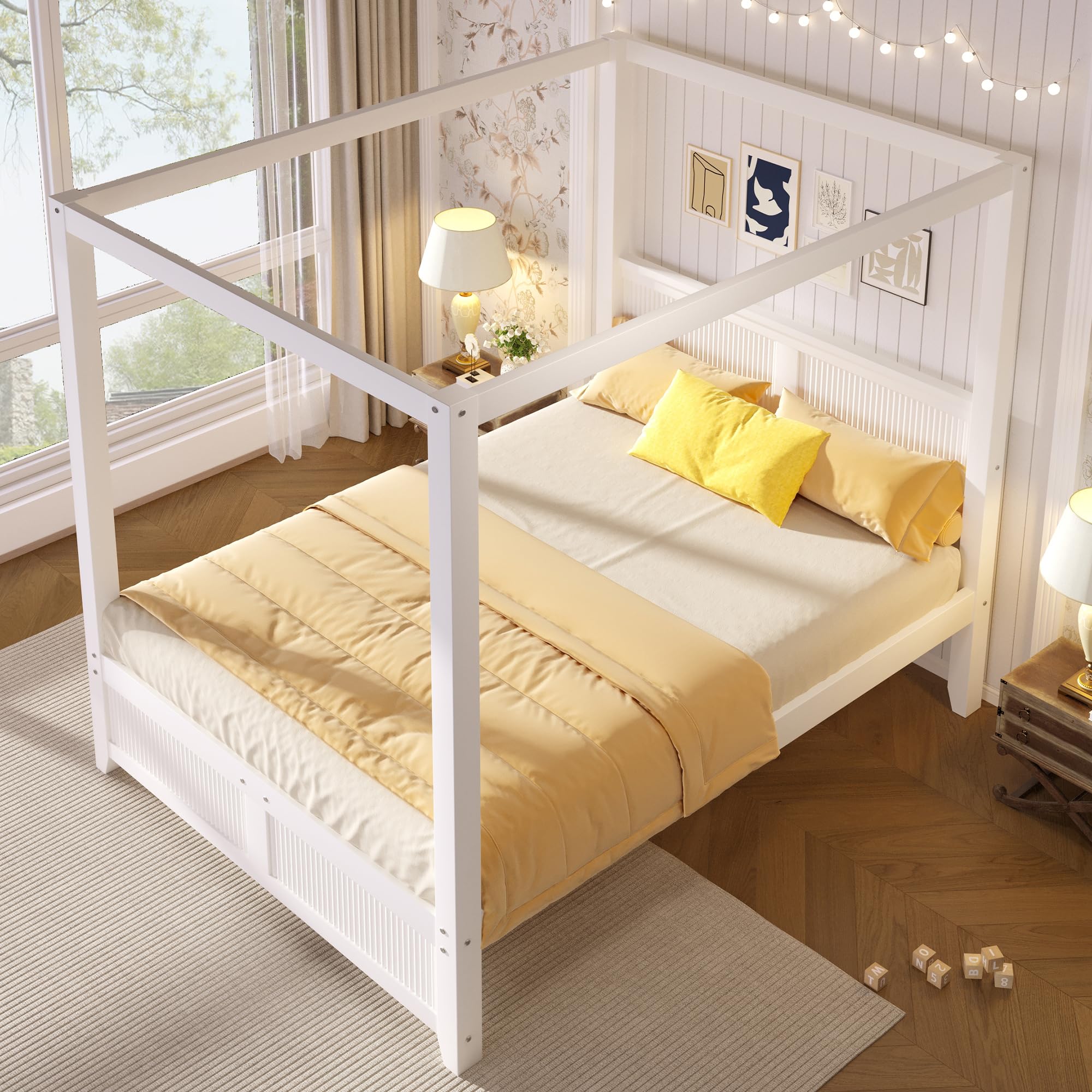 Himmelbett 140x200 cm aus Holz mit dekorativem Dachrahmen und vertikalen Lamellen am Kopf- und Fußteil, Weiß