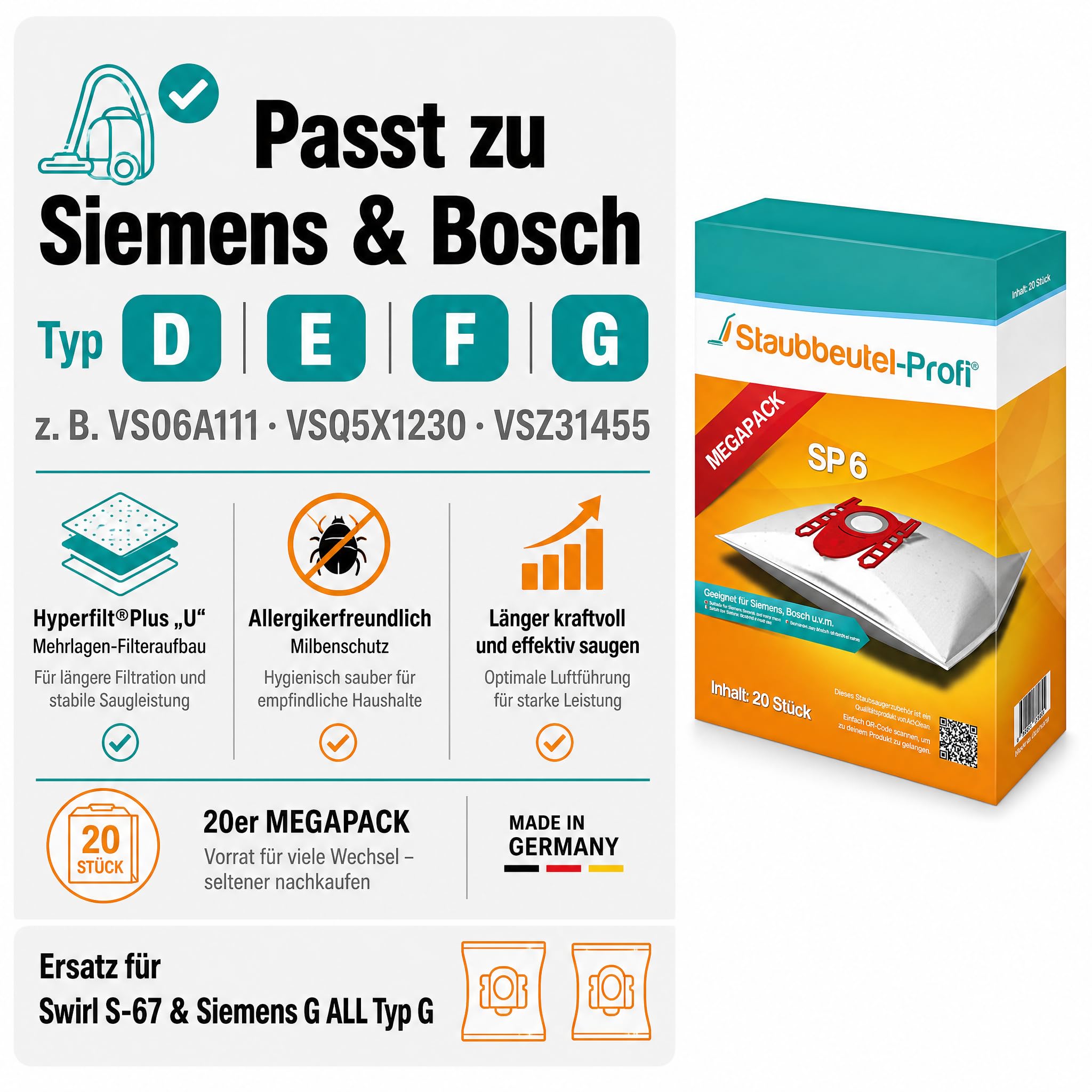 20 Staubsaugerbeutel geeignet für Siemens VS06B1110 VS06B113 synchropower von Staubbeutel-Profi® kompatibel mit Swirl S62 / S67 / S68 / S73 / Y94