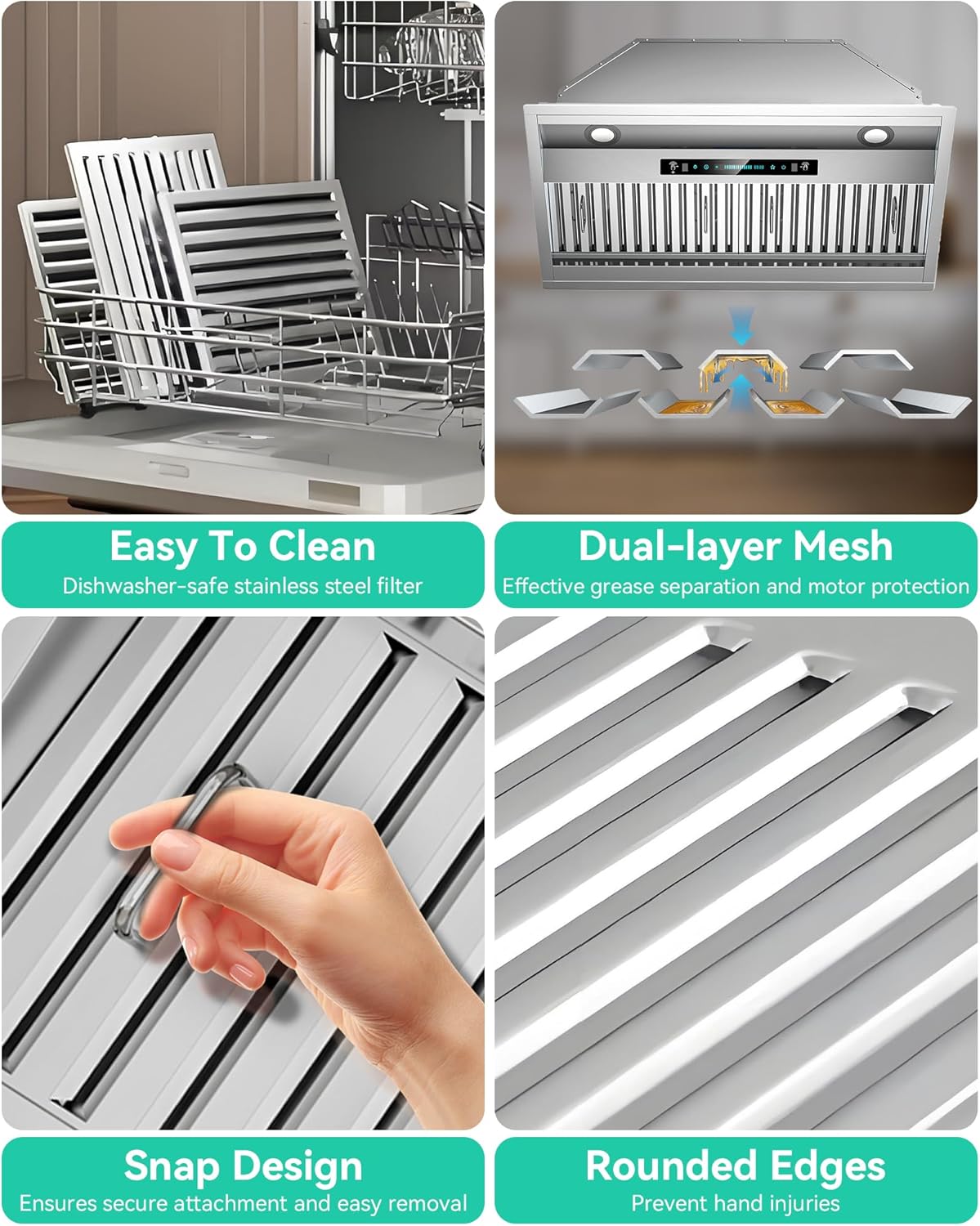 42 inch Stainless Steel Insert Range Hood - 900 CFM, Gesture Control, Ultra-Quiet 4-Speed Vent, LED Lights, Ducted/Ductless Convertible