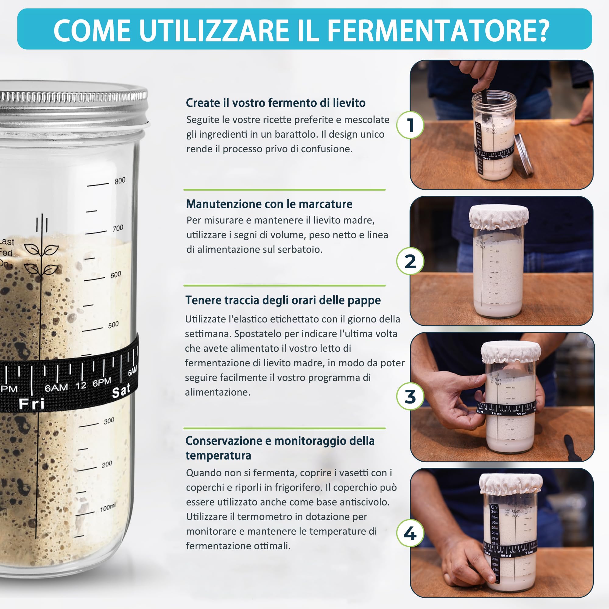 9pcs Sourdough Starter Kit - Vaso di lievitazione da 1000 ml con coltello da panettiere e frusta per l'impasto - Accessori per la cottura, vaso per lievito madre, kit di per lievito madre