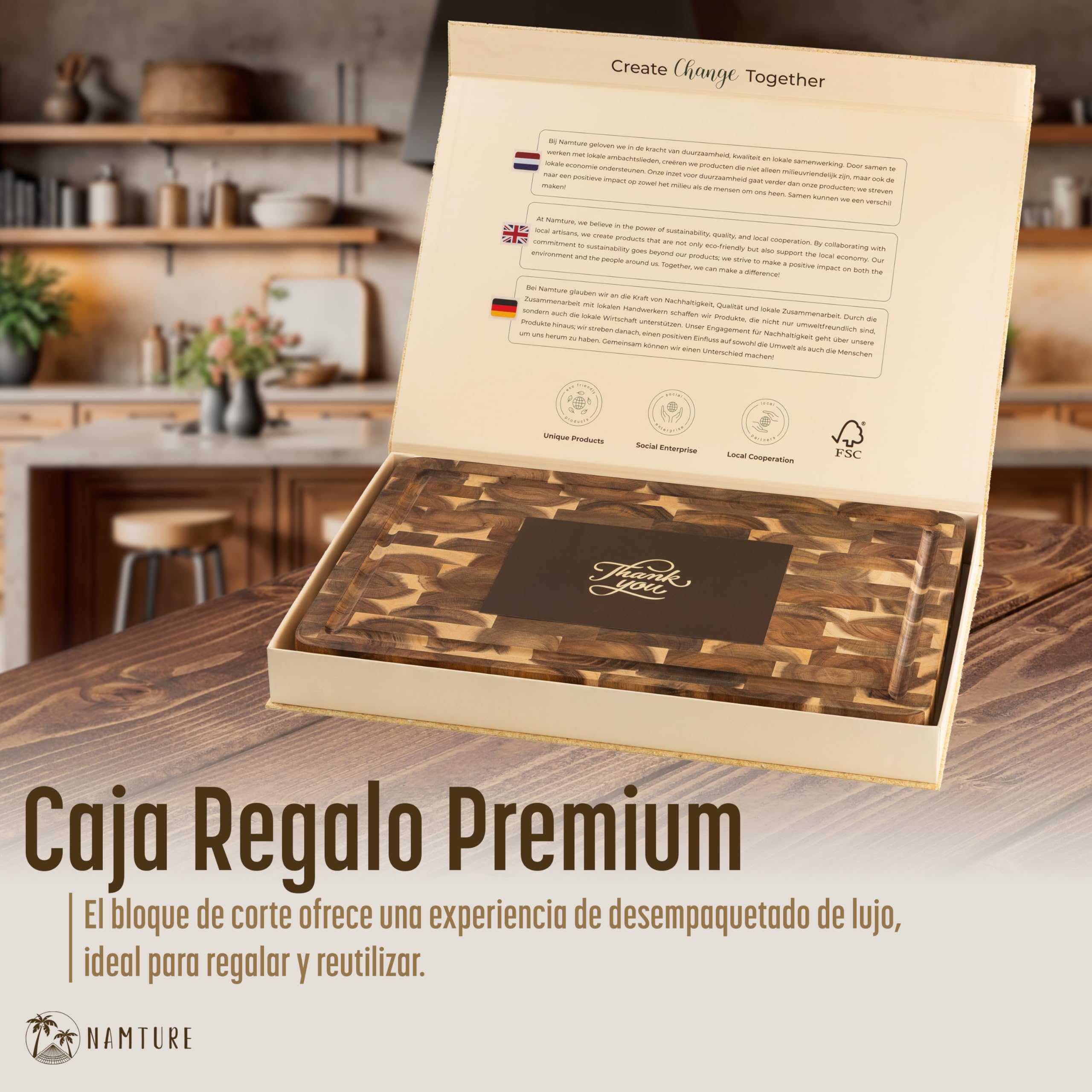 Tabla de Cortar de Madera de Acacia 45x30 cm – Extra Gruesa 4 cm, fibra de testa, acabado con aceite premium, ranura para jugos, asas laterales, pies antideslizantes – caja regalo