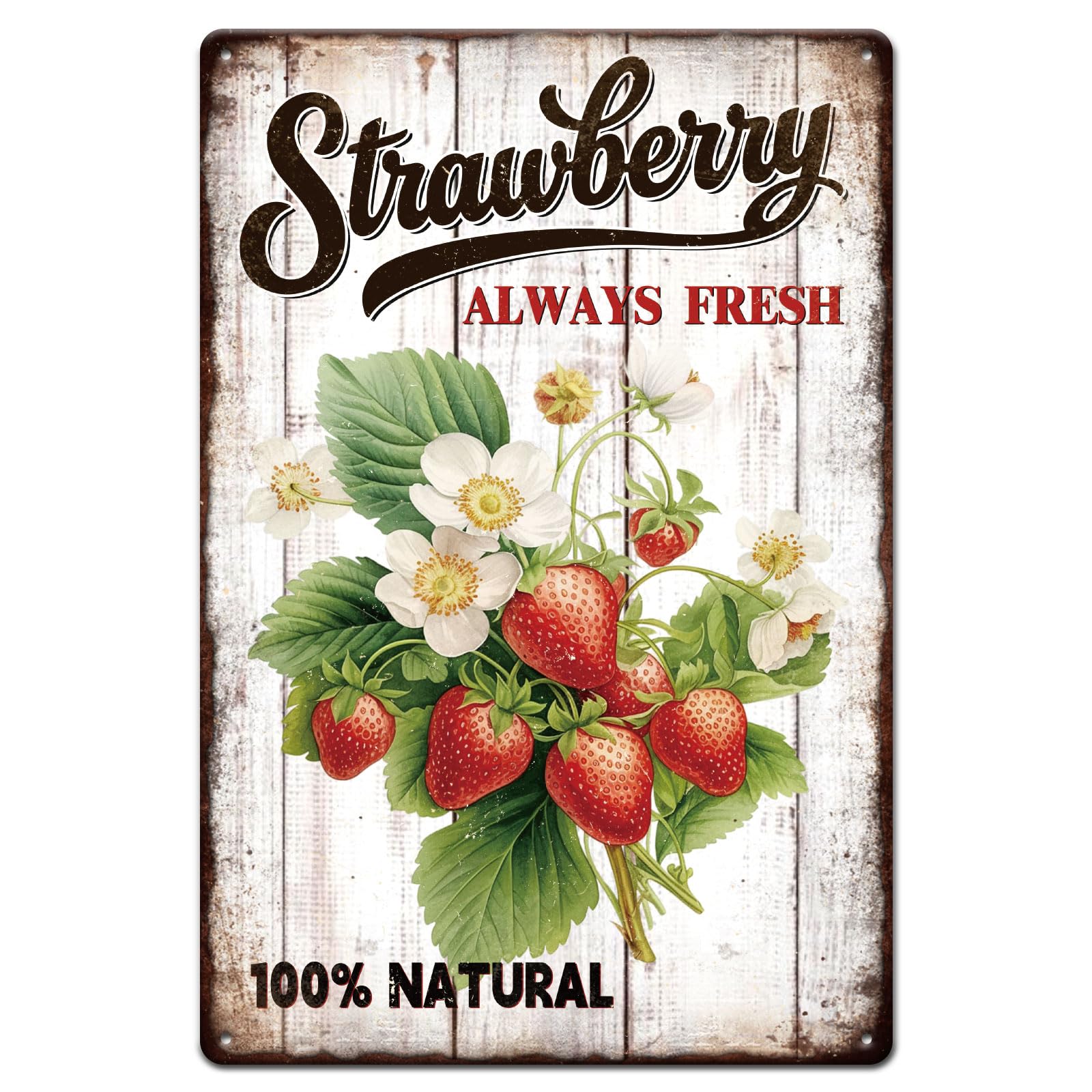 GLOBLELAND Strawberry Metal Tin Sign 8x12in "Strawberry Always Fresh" Vintage Painting Tin Signs Fruit Wall Poster Plaque for Kitchen Wall Decor Dining Room Home Breakfast Table Fruit Stall