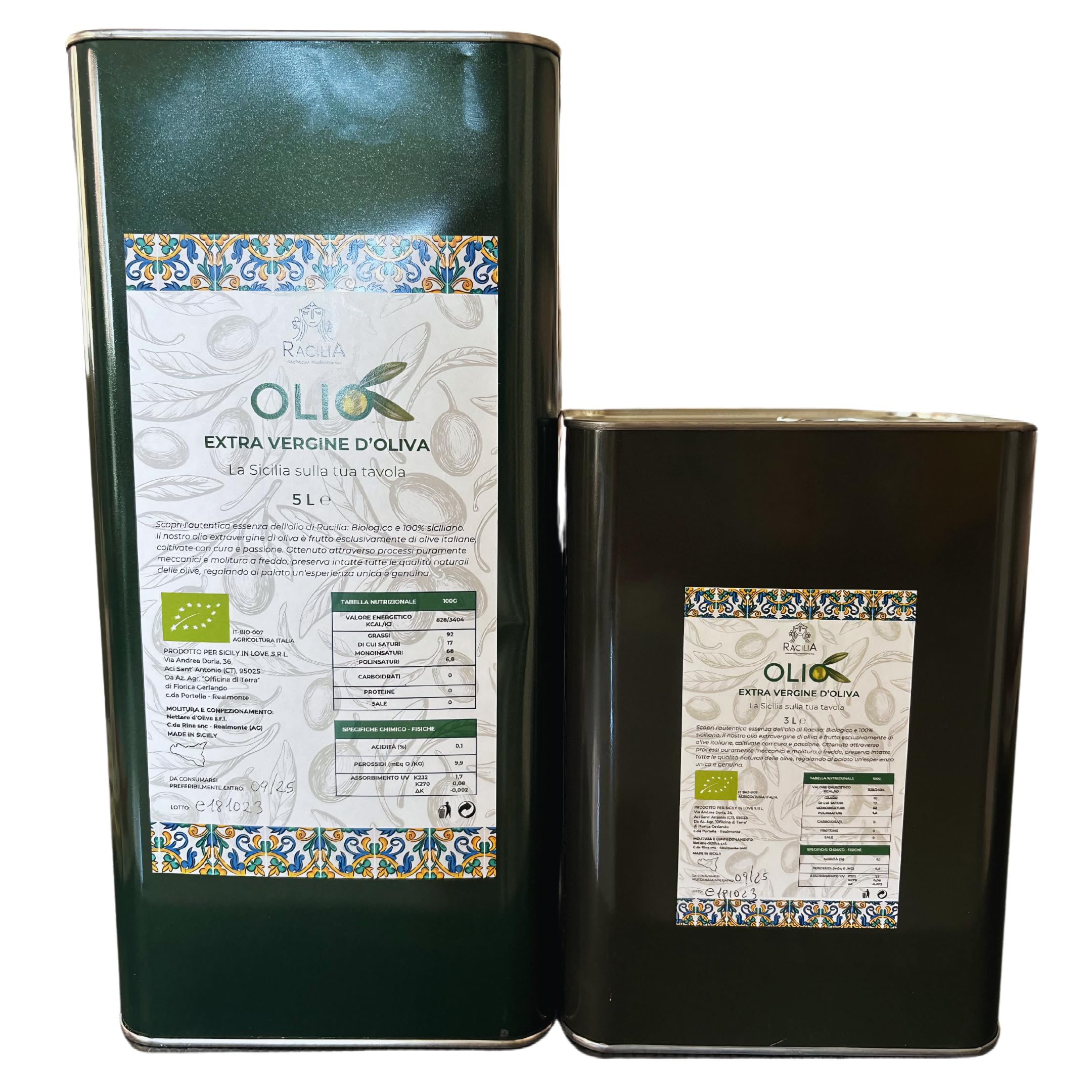 RACILIA Organiczna Oliwa z Oliwek 8 Litrów, Extra Virgin 100% Włoska 8L Puszka Evo Tłoczona Na Zimno z Sycylii, Ekstrahowana z Pierwszego Tłoczenia - Idealne Do Sałatek i Dań Kuchni Sródziemnomorskiej