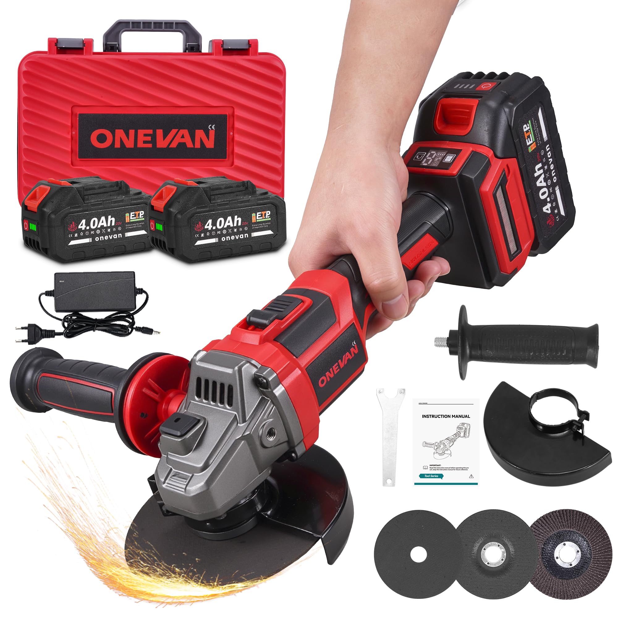 ONEVAN Smerigliatrice Angolare a Batteria 125mm, Flessibile Professionale Brushless 20V con 2 Batterie 4.0Ah, 8000 RPM, Smerigliatrice Elettrica con Copertura di Protezione e Impugnatura Ergonomica