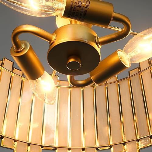 Miniatura 9 de Lámpara de techo dorada con forma de tambor, lámpara Tiffany moderna de montaje semiempotrado de 12.5 pulgadas con vidrio blanco, 3 luces redondas