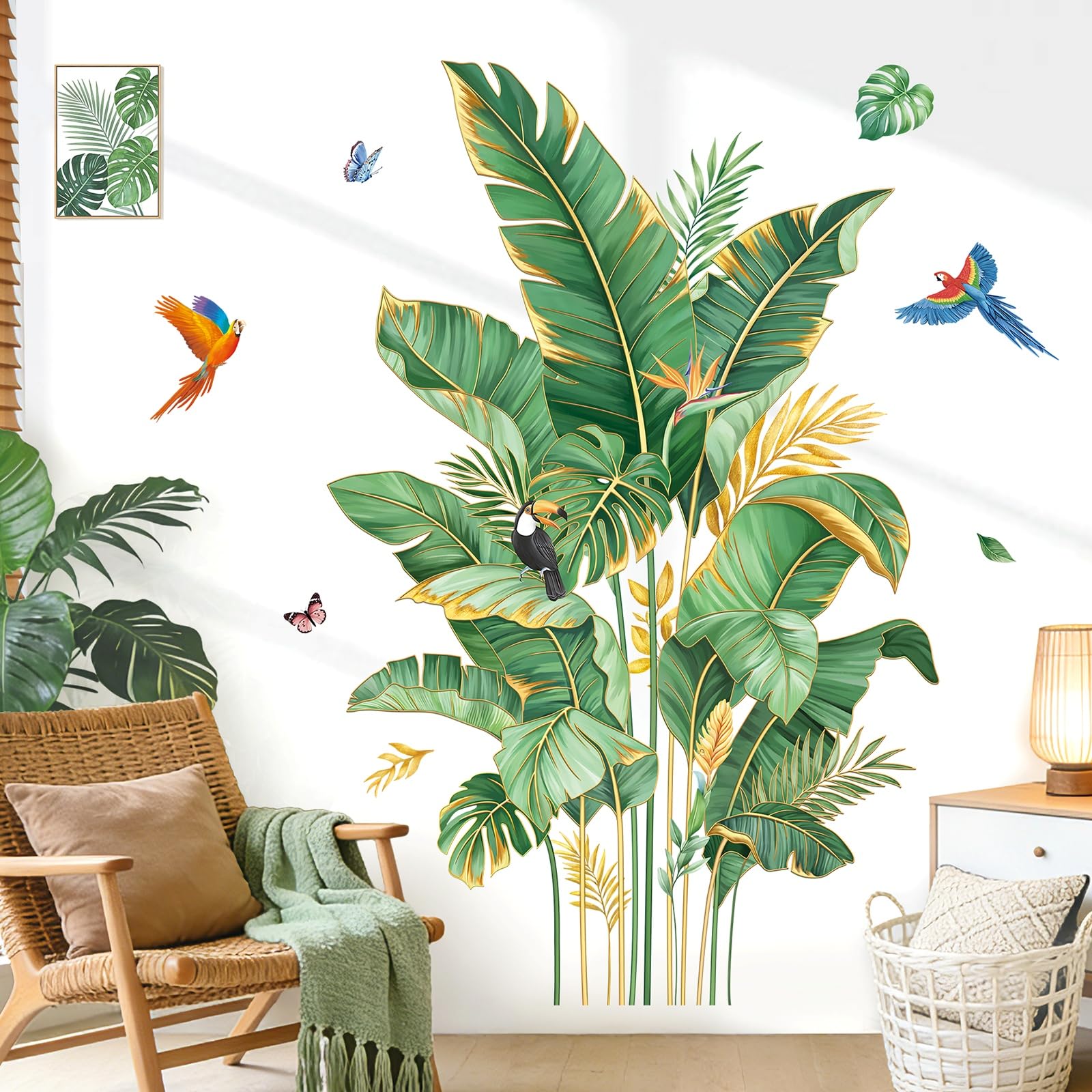 decalmile Tropical Palm Leaves Wall Stickers Large Gold Green Leaves Plant Birds Wall Decals for Living Room Sofa TV Background Home Decor