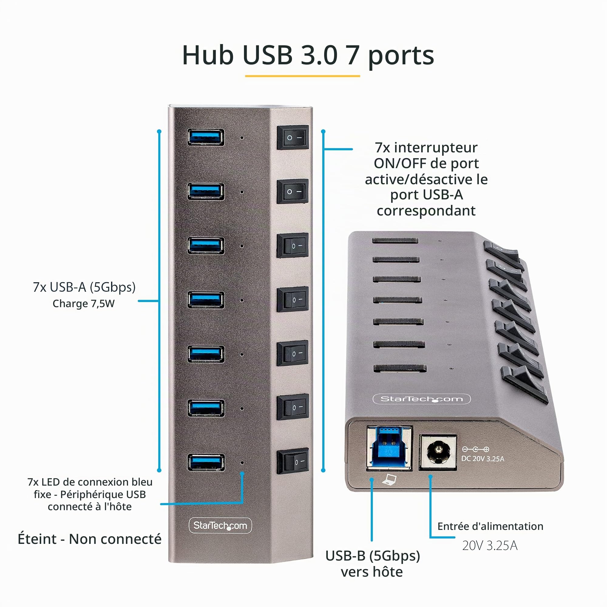 StarTech Hub USB-C 7 Ports 5Gbps, Interrupteurs, UE (5G7AIBS-USB-HUB-EU) | Dock, Auto-alimente, Marche/Arret individuels, Extension USB 3.0, Bloc alimentation, Répartiteur