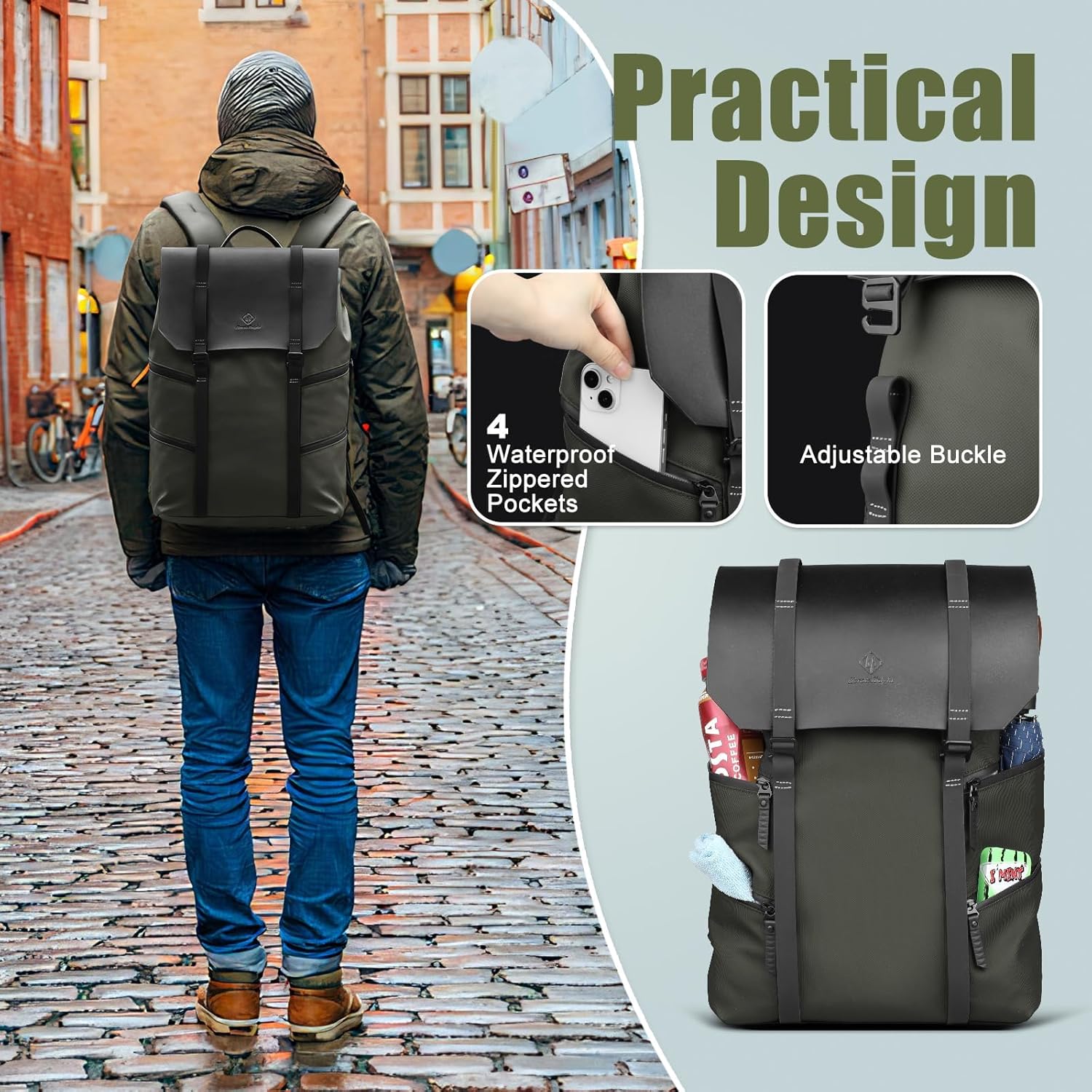 hk Backpack for Men Laptop Backpack 15.6 Inch Travel Business Backpack Waterproof Anti-Theft Computer Laptop Backpacks for College Work Hiking Lightweight Vintage Casual Flap Backpack - Green