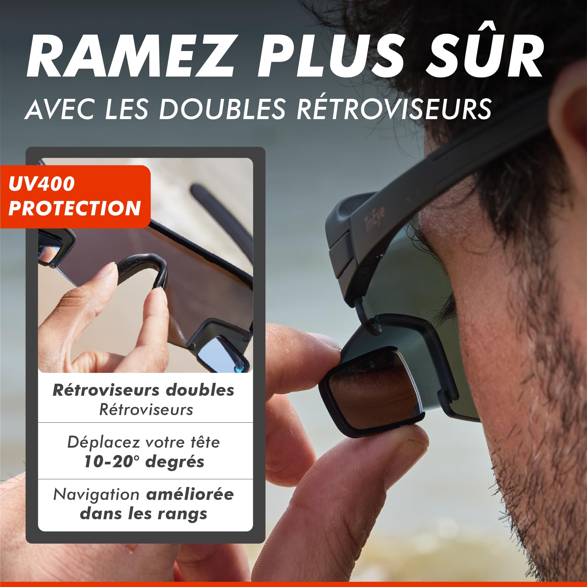 TriEye View Sport Lunettes de soleil polarisées homme femme – Lunettes de vélo avec rétroviseur intégré, monture TR90 légère, protection UV400
