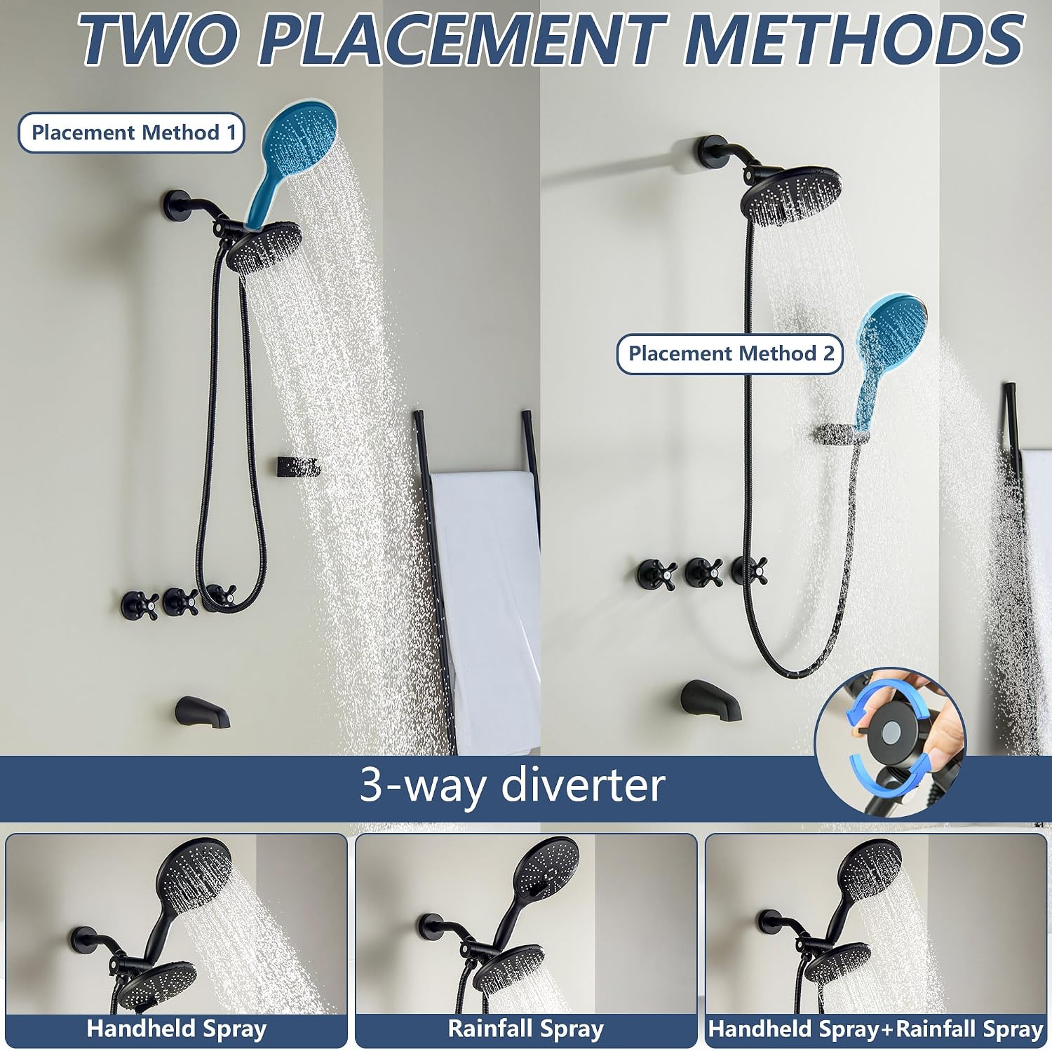 3 Handle Tub Shower Faucet Matte Black, Three Handle Tub and Shower Faucet Set Bathtub Faucets Sets Complete with 6" Hand Shower and Tub Spout, BY-d06