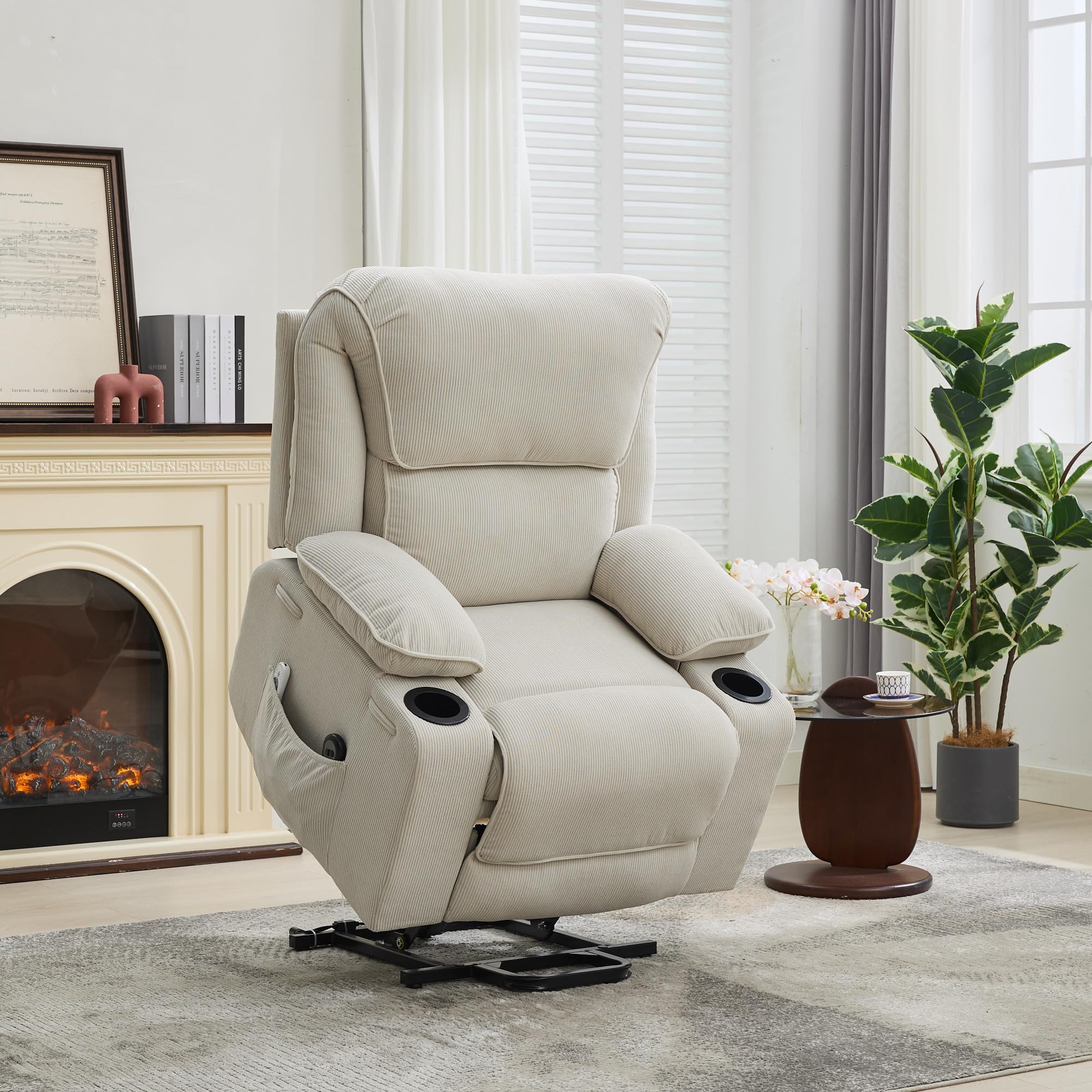 keiki power lift recliner chair with heat and massage for seniors, oversized armchair with assistive stand-up mechanism, corduroy sofa chair with cup holders& side pockets, ivory