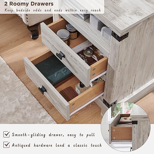 Miniatura 5 de RedLemon Juego de 2 mesitas de noche de granja con estación de carga, mesita de noche rústica de 18 pulgadas con 2 cajones de almacenamiento, mesa