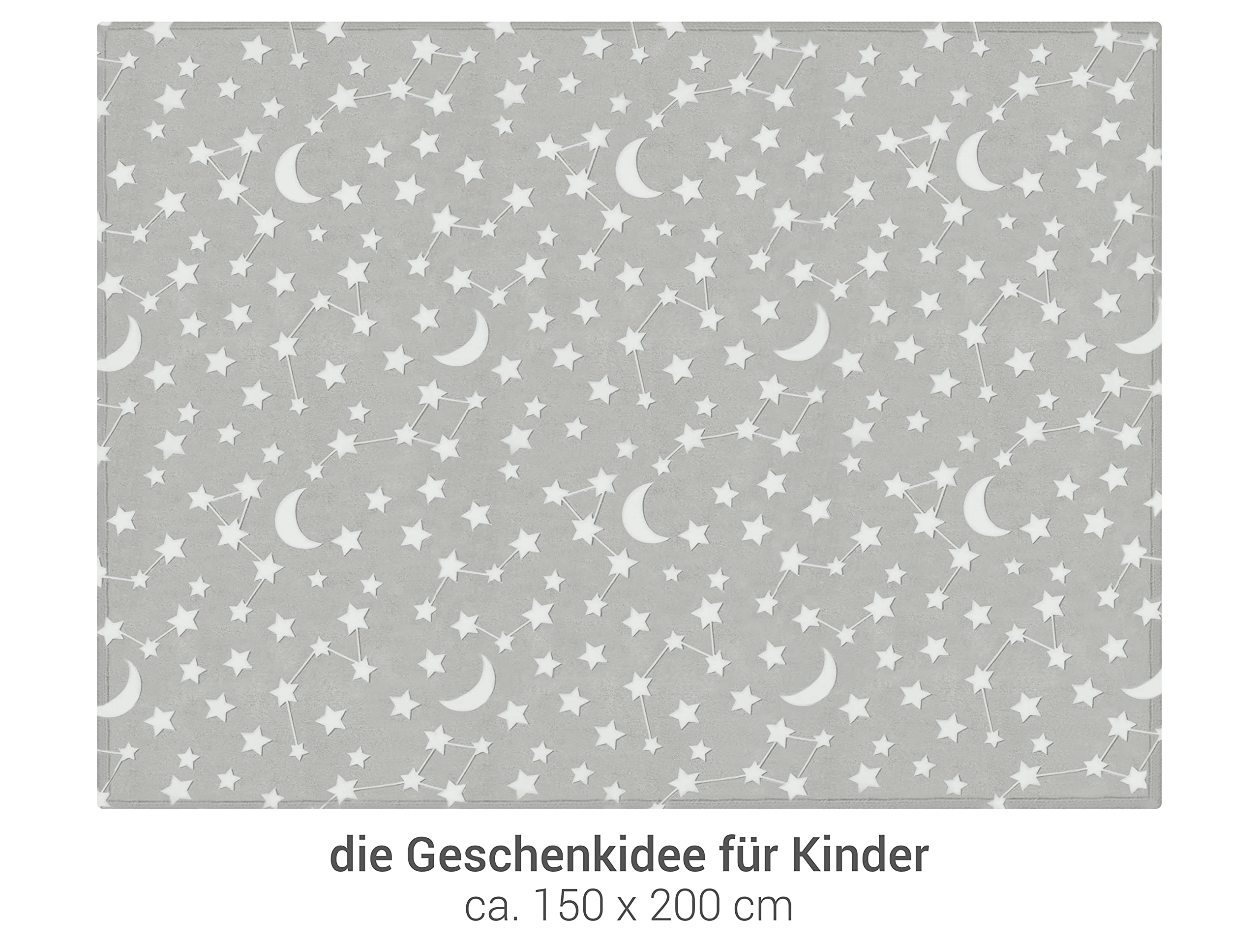 Kuscheldecke - leuchtet im Dunkeln - weich und flauschig 1261.1661, ca. 150 x 200 cm, Mond und Sterne grau