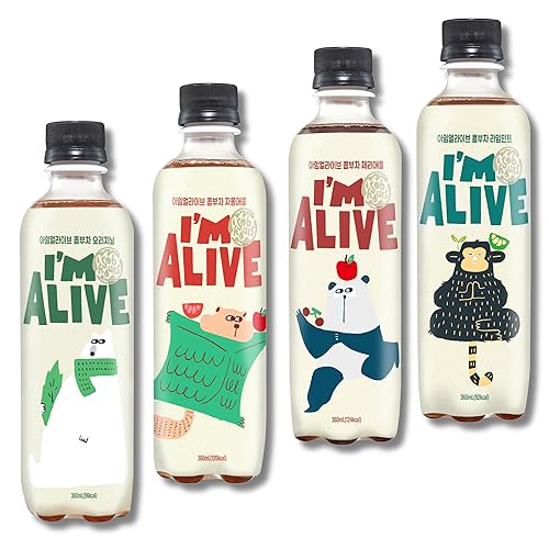 Kombucha Tea Organic Drink I'm Alive - Combo de variedad de 4 sabores - Liso, pomelo, lima, cereza - Total de 4 botellas (1 botella cada una) -