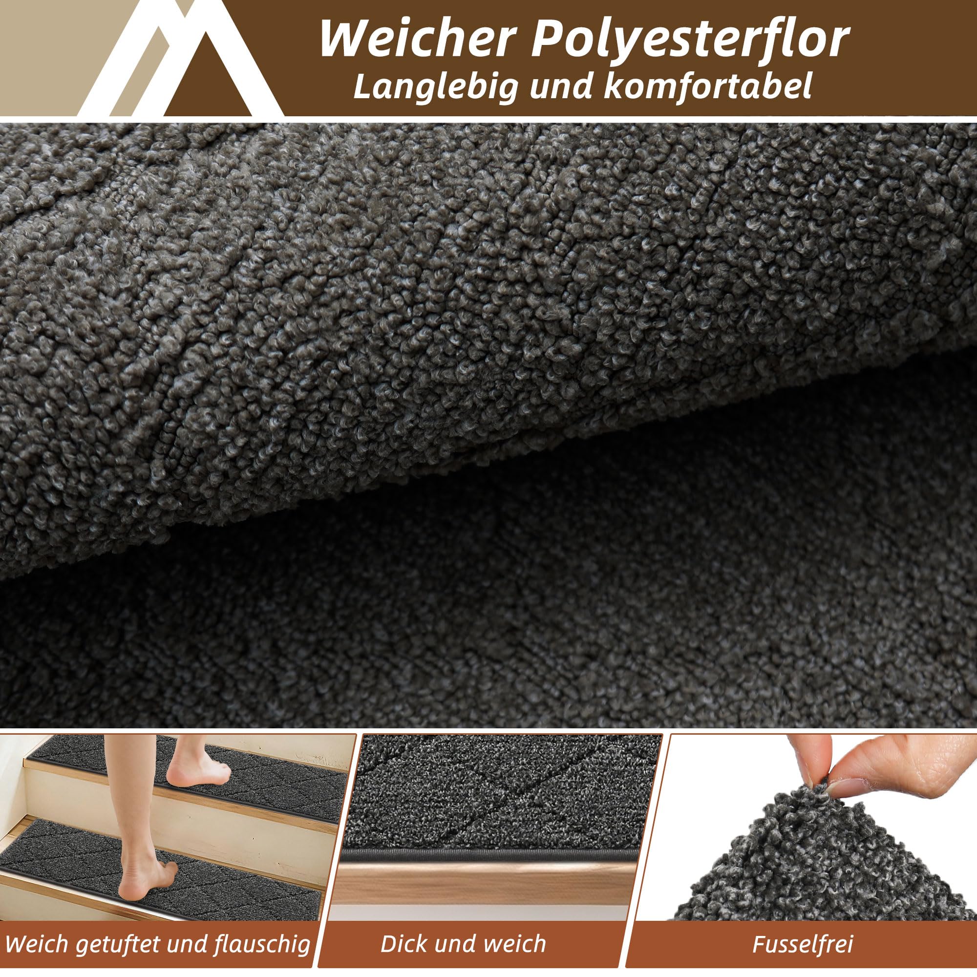 COSY HOMEER 15 Stück Treppenstufen Matten, 70 x 22 cm, Schwarz | Stufenmatten Selbstklebend, Rutschfest ohne Kleben, 100% Polyester, TPE-Rücken, waschbar, für Kinder, Senioren und Haustiere
