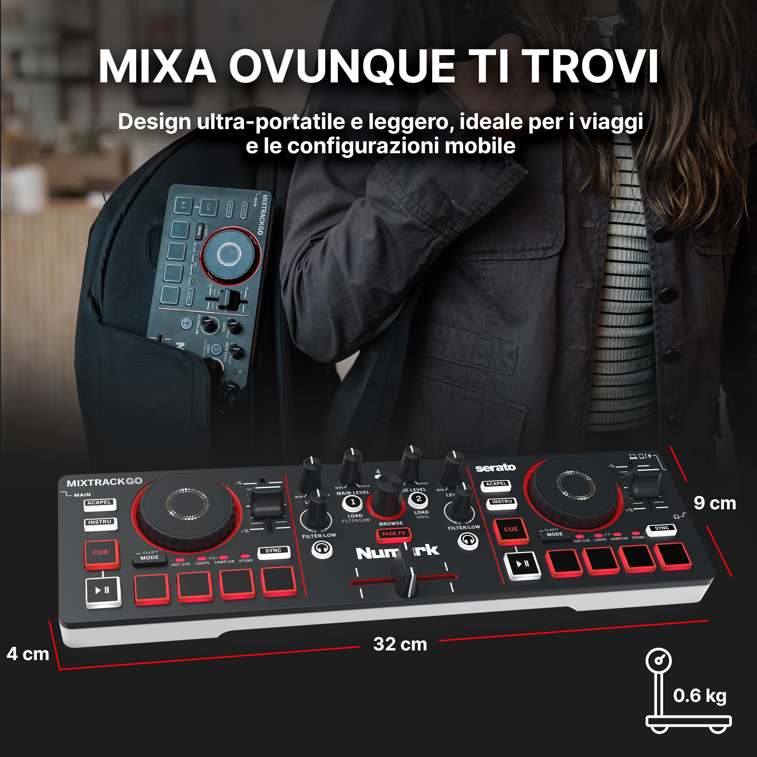 Numark Mixtrack Go Controller DJ Bluetooth Compatto con Stems Control | Mixer DJ 2 deck, principianti e DJ mobili, Smart Fader, USB-C, Serato DJ Lite e Algoriddim djay inclusi, Gen 4