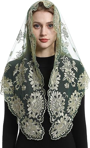 Miniatura 3 de Bozidol Mantilla de iglesia con velo católico  Triángulo Santa Virgen Bordado Bufanda Tradicional Velo de Misa Capilla Oración Velo de Encaje