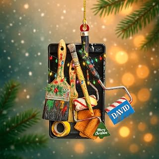 Custom House Painter Ornament – Personalized Paint Tray and Roller Christmas Ornaments, Funny Painting Tools Gift for Painters, Custom Wall Painting Tools 2D Acrylic Flat Ornament