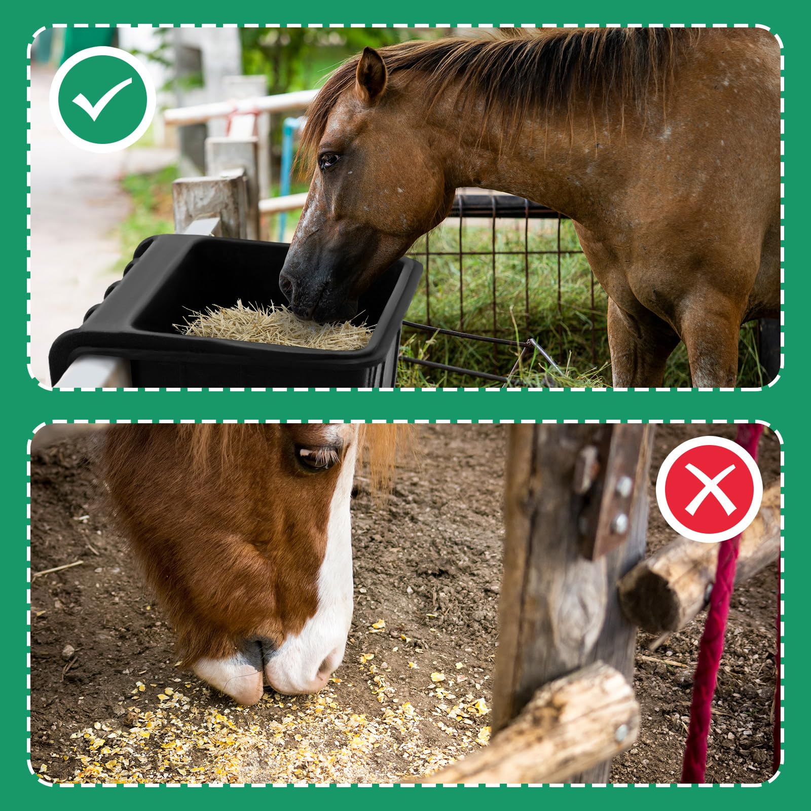 Maxdot 2 comederos de gancho de goma de 17 cuartos de galón sobre valla colgante, cubo de alimentación de goma resistente para puestos de granja, pastos, estable para alimentar caballos, ovejas