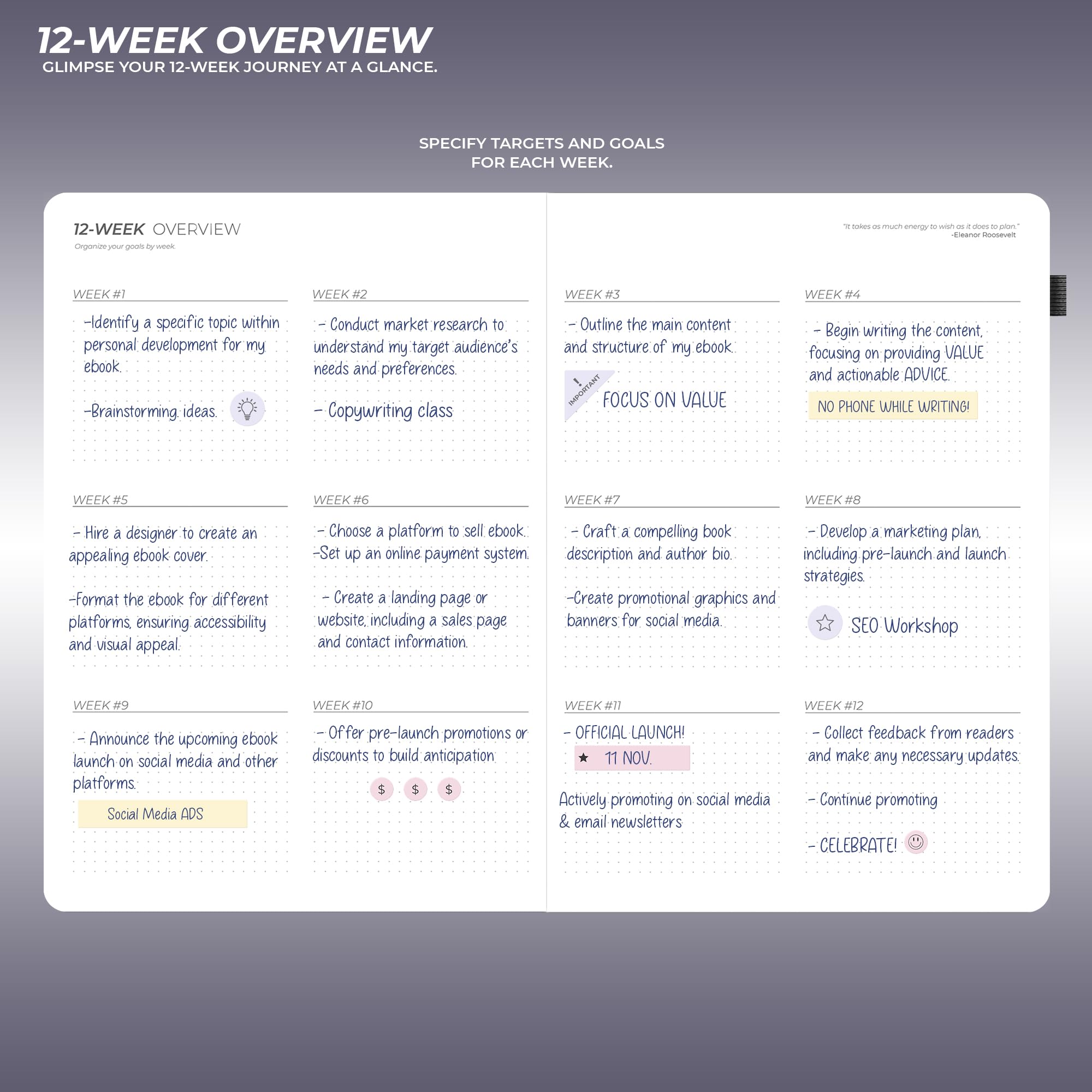 Planificador de enfoque de 12 semanas, diario de productividad y planificación de proyectos sin fecha para establecer objetivos, seguimiento de hábitos y gestión del tiempo, diseño semanal guiado para