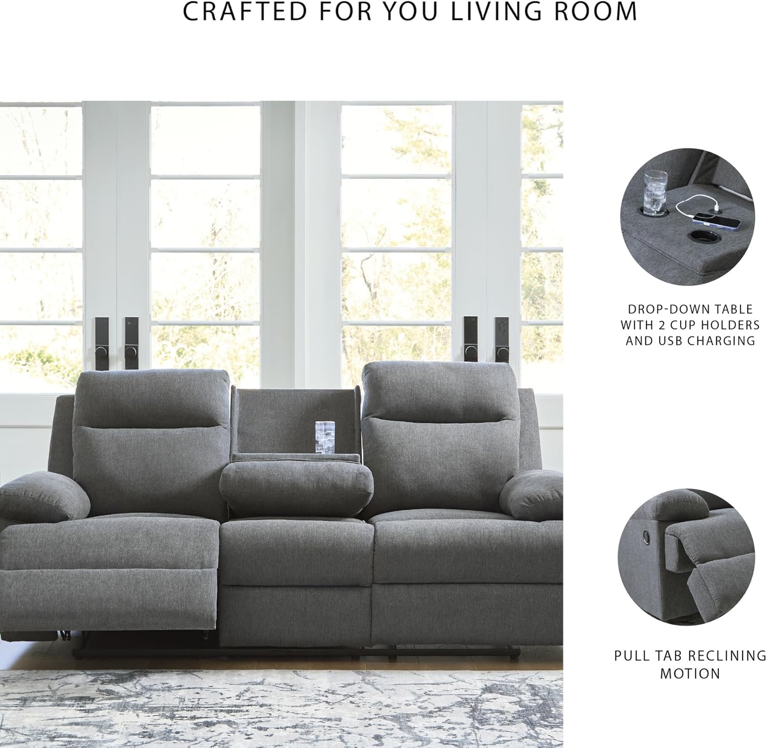 Ashley Yarrow Lane Chenille Manual Reclining Sofa with Drop Down Table and USB Charging Gray