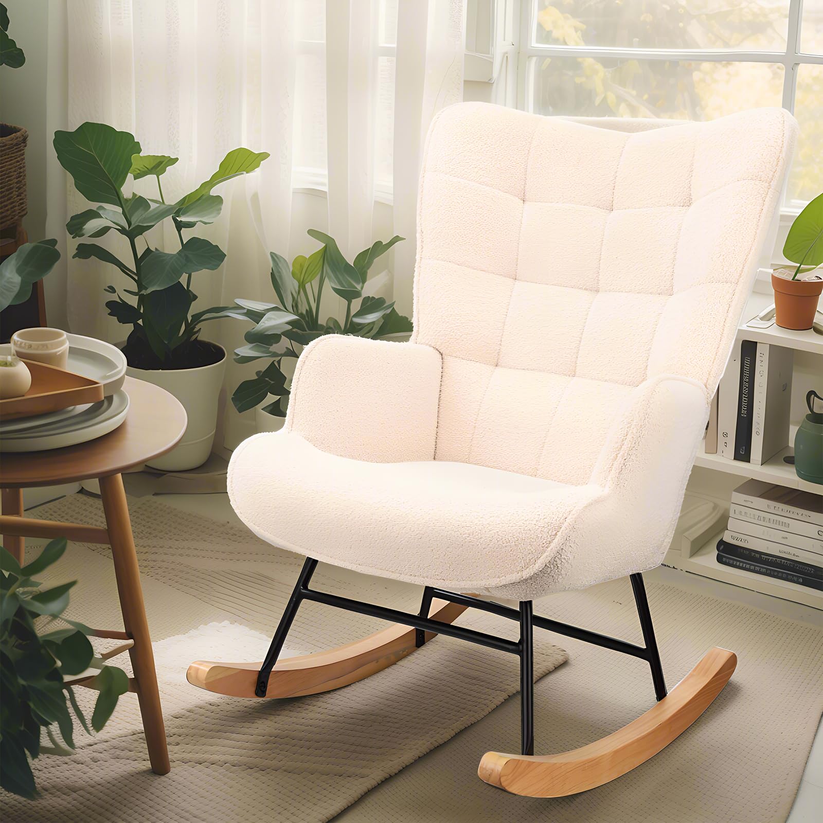 Fauteuil à bascule avec polaire Sherpa, bois massif et cadre en métal, fauteuil à bascule avec dossier haut, fauteuil de salon avec assise rembourrée, jusqu'à 130 kg, beige, DEZplsZM31924