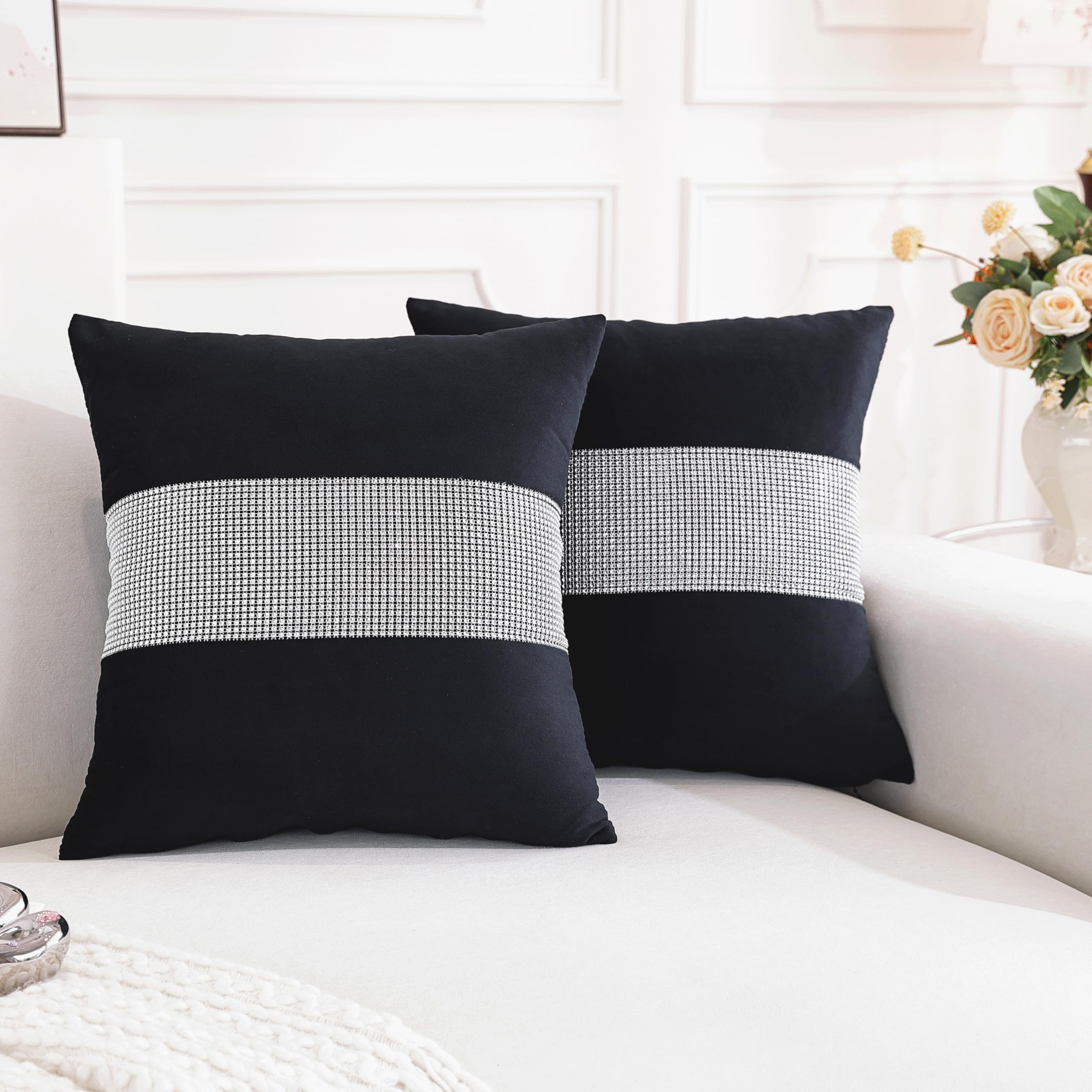 TAOSON Pack of 2, Luxury Black Matching Sequin Patchwork Velvet Throw Pillow Cover with Silver Sequined Rhinestone Cushion Case Square Pillowcase for Sofa Couch Bedroom Living Room Home,18x18 inch — image 1