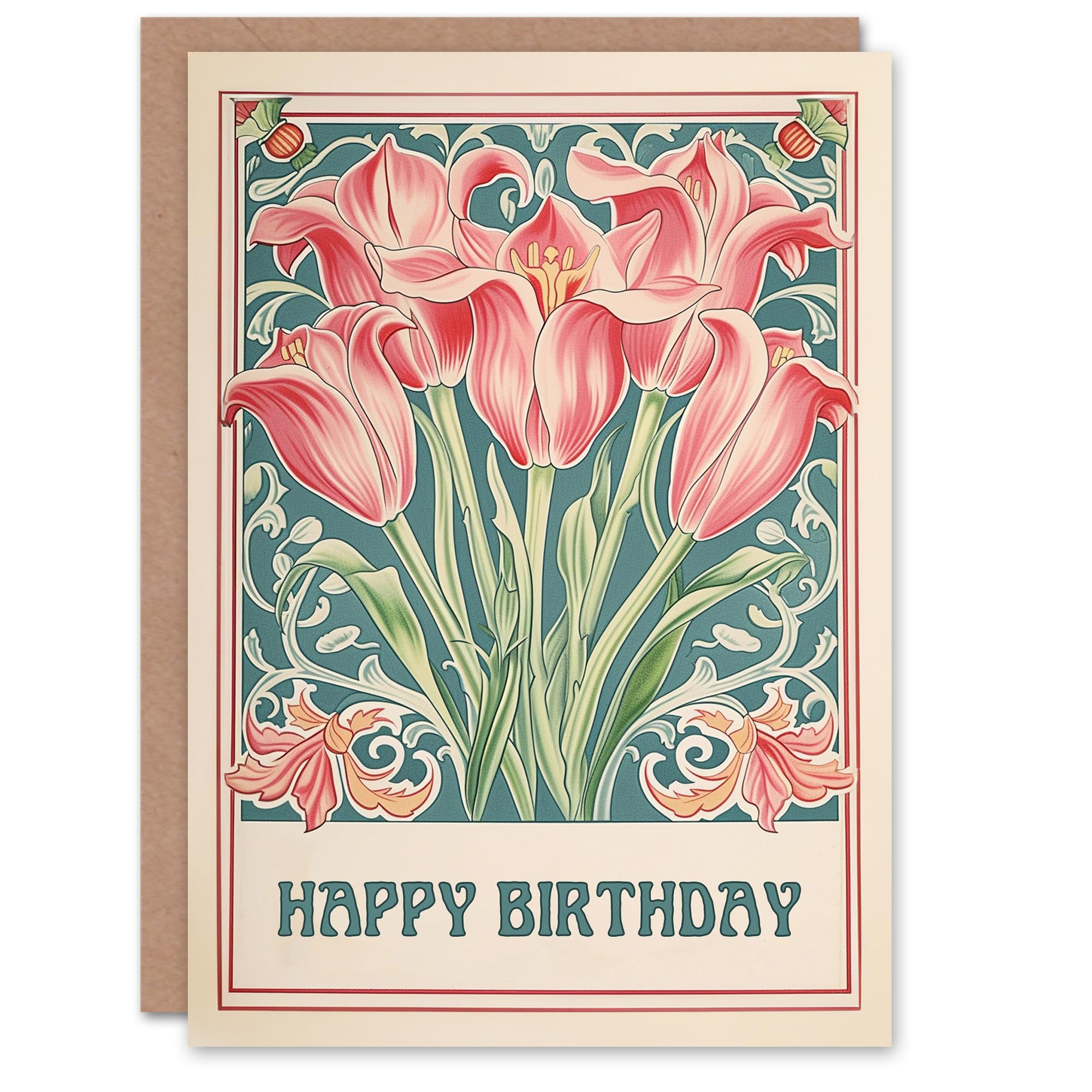 Artery8 Birthday Card Pink Lily Flower Floral Art Nouveau For Her Gran Sister Niece Daughter Wife Woman Greeting Card