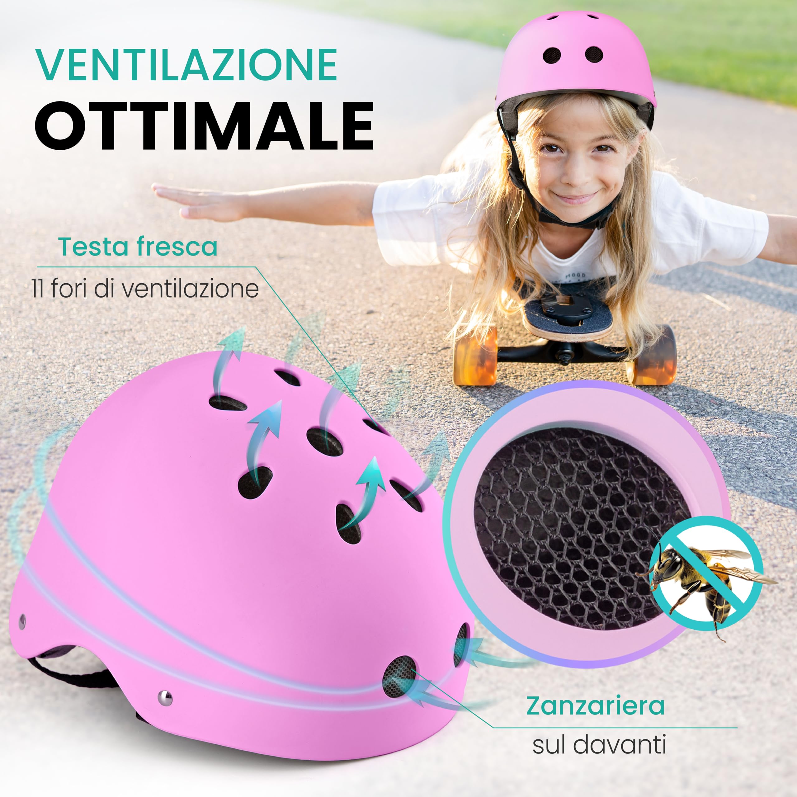 99FLIPS Casco Bici Bambino 3-12 Anni - Casco Bici Bambina 3 Colori - Caschetto Bambino - Monopattino Skateboard Pattini a Rotelle