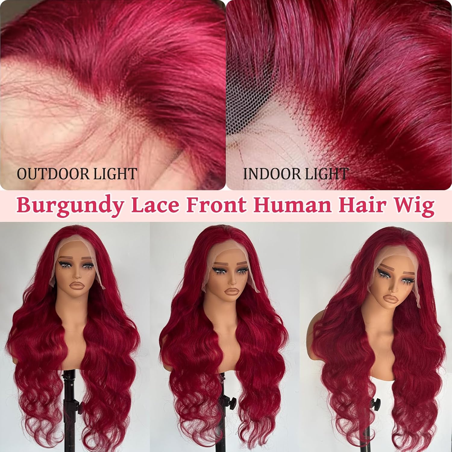 99j Burgundy Lace Front Human Hair Wigs for Women 180 Density 13x4 Body Wave HD Invisible Lace Front Wigs Red Wine Glueless Colored Wig 24Inch Brazilian Virgin Human Hair Pre Plucked Bleached Knots