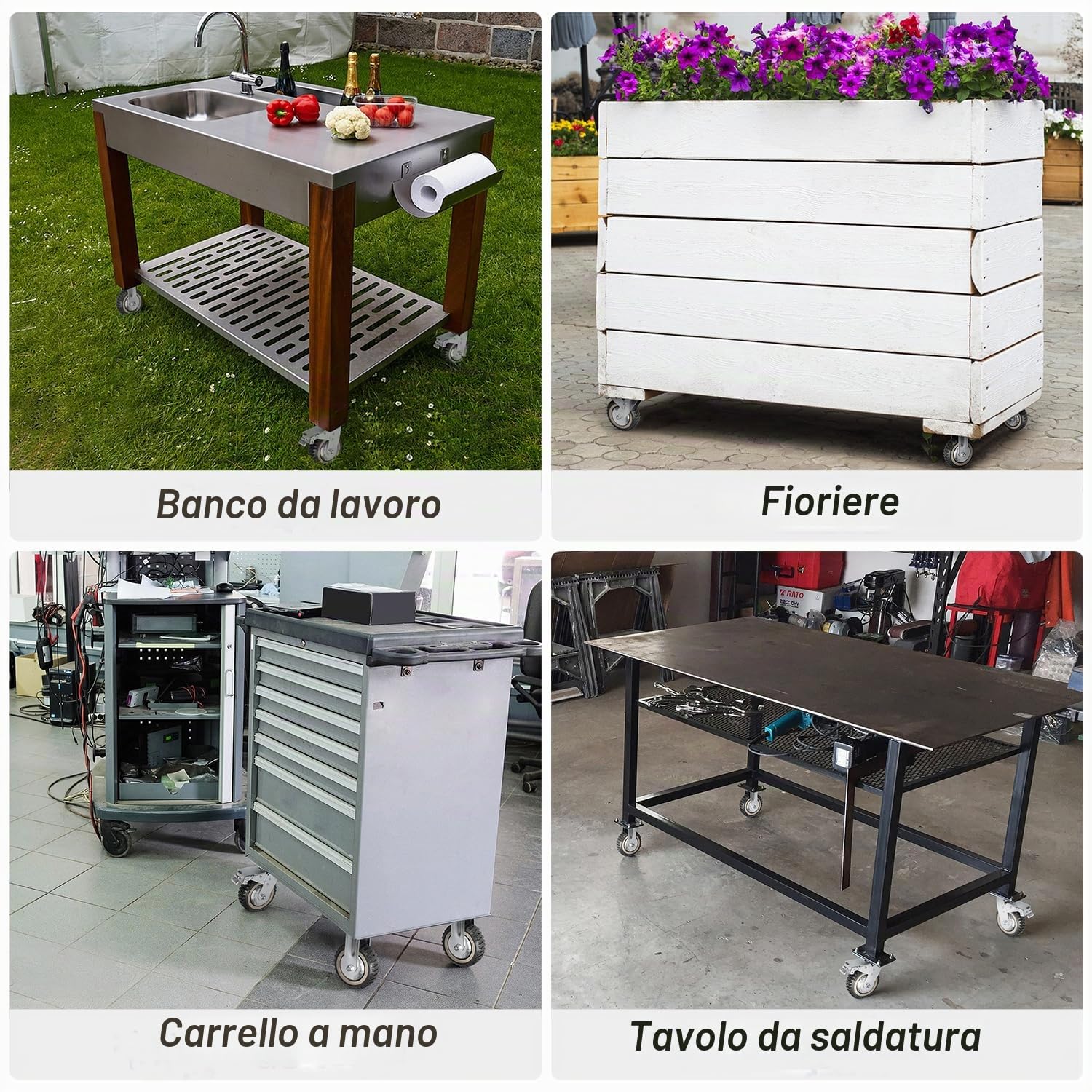 4 ruote girevoli da 150 mm, con freni, girevoli a 360°, con cuscinetti a sfera, ruote silenziose, capacità di carico 800 kg