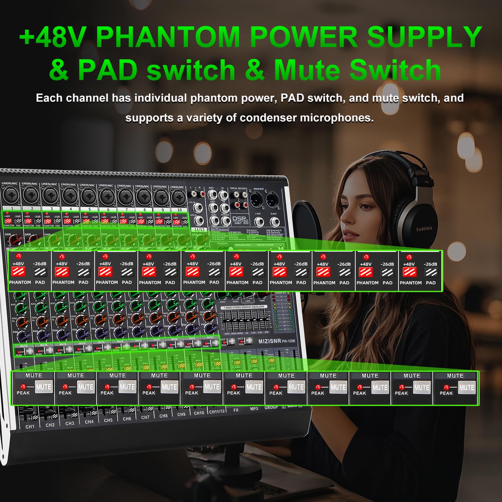Mezclador de Audio Profesional de 12 Canales con 99 Efectos DSP, 7 Bandas EQ Digital, Bluetooth y USB